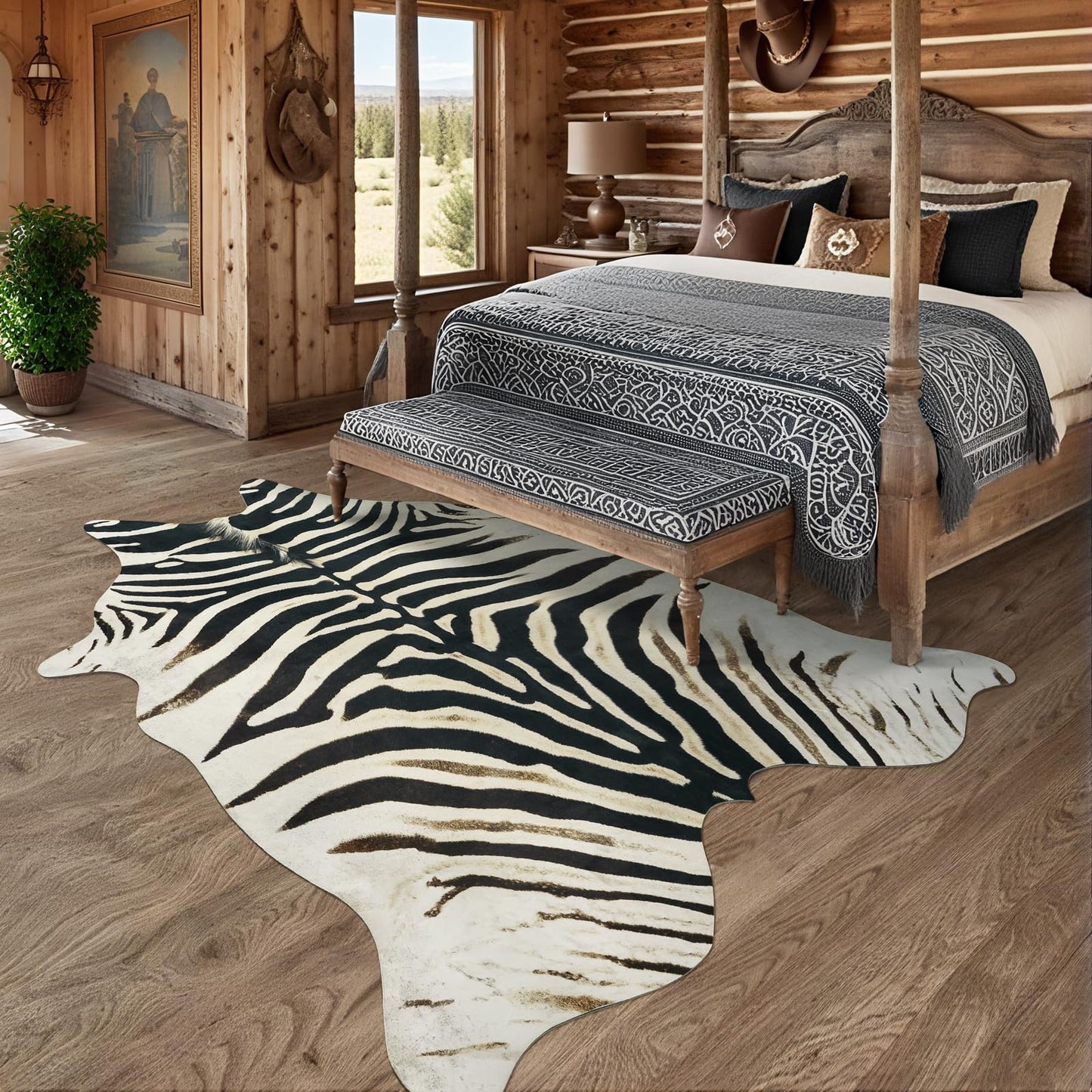 AROGAN Western Faux Fur Zebra Rug, 4.6 x 5.2 Feet Premium Animal Skin Print Rug, Sturdy Faux Zebra Hide Rugs for Wall Decor, Western Floor Carpet for Bedroom Living Room, Black and White