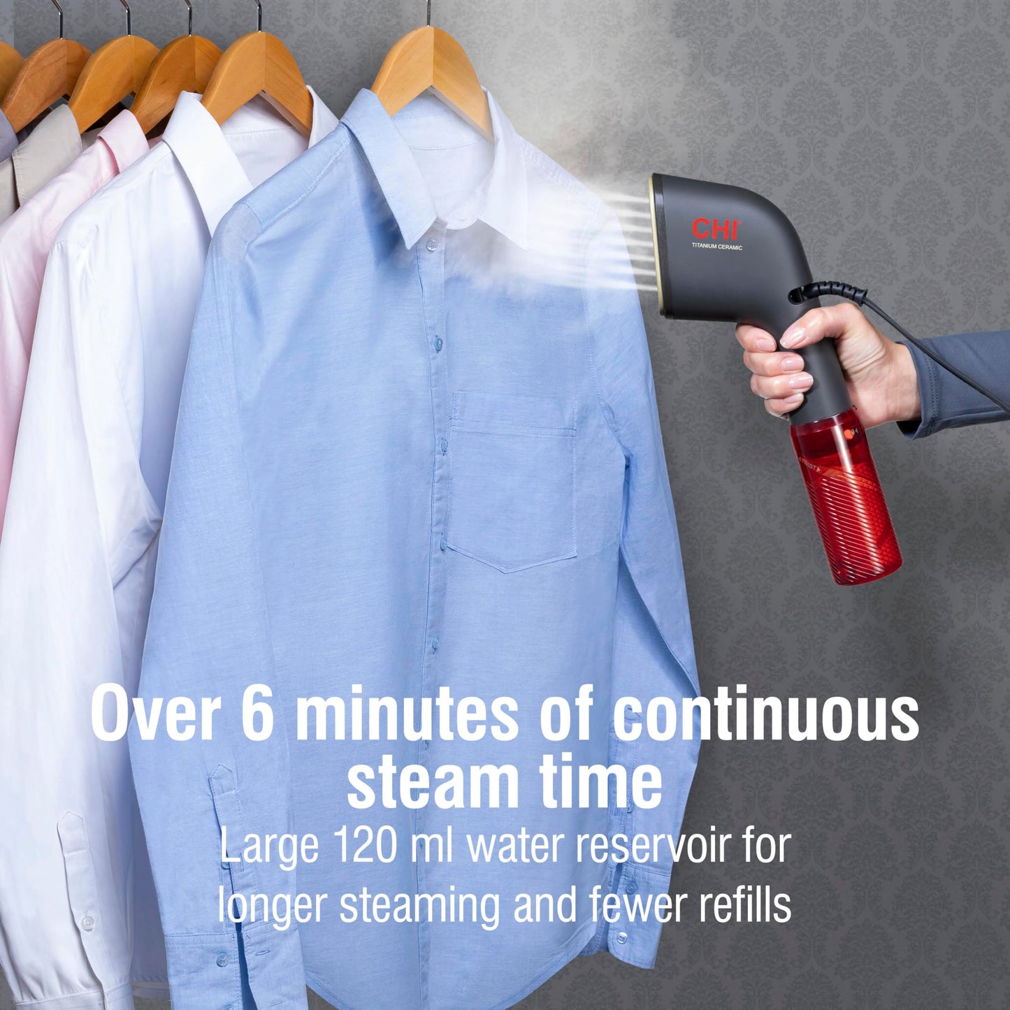 CHI Collapsible Travel 2-in-1 Handheld Garment Steamer & Steam Iron for Clothes, Large 120 ml Water Tank For up to 6 Minutes of Use, Collapses for Compact Storage, Fast Heatup, 10’ Cord, Black (11611)