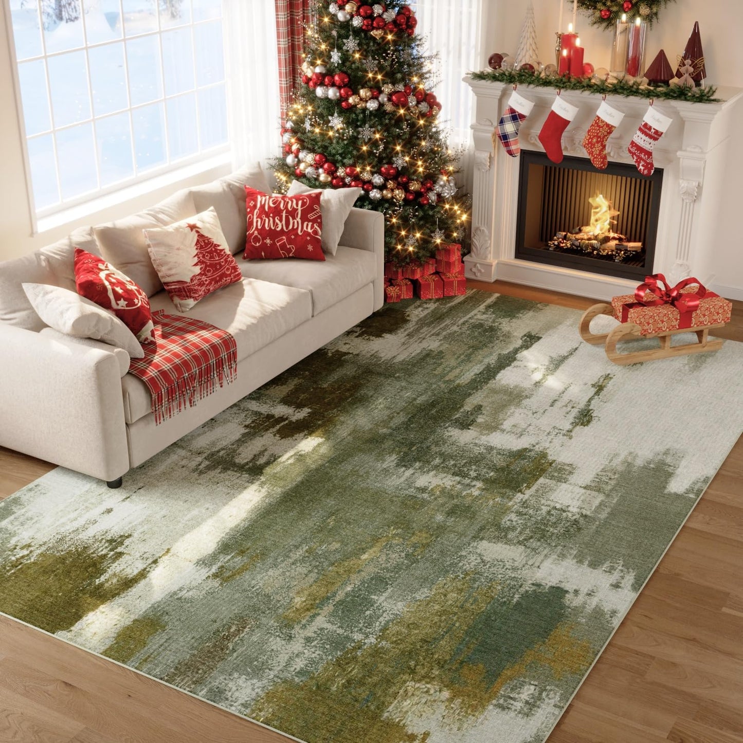 Kelarea Living Room Rug, 5x7 Rug Modern Abstract Washable Rugs Green Faux Wool Vintage Carpets, Non Slip Rug for Bedroom, Dining Room, College Dorm, Kids Playroom, Home Office