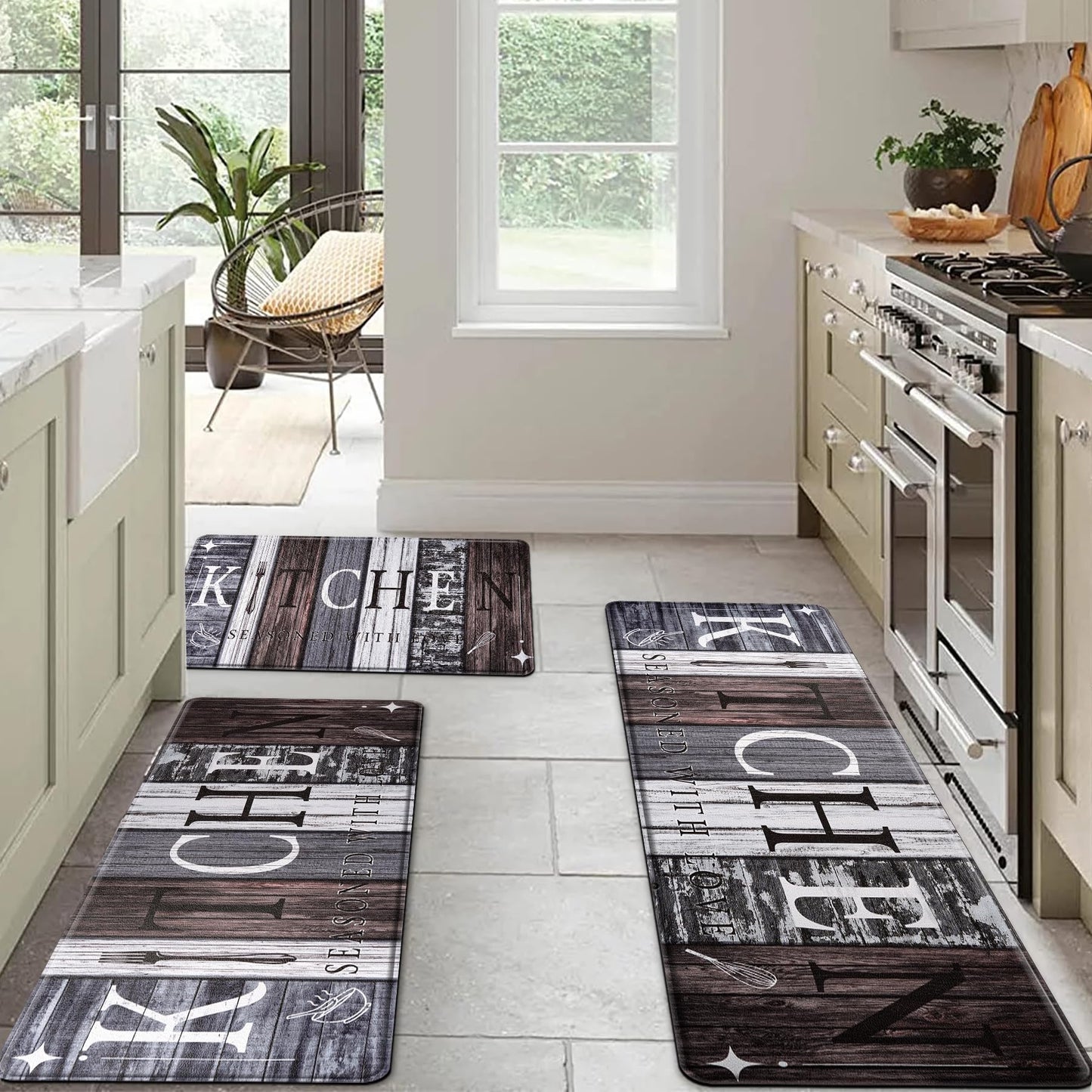 CHICNOOK PVC Farmhouse Kitchen Mats for Floor Set of 3, Wooden Board Theme Kitchen Rugs, Kitchen Rugs Non-Slip Washable, Anti Fatigue Kitchen Mat for Sink Office Laundry,18"x30"+18"x48"+18"x60" Inches