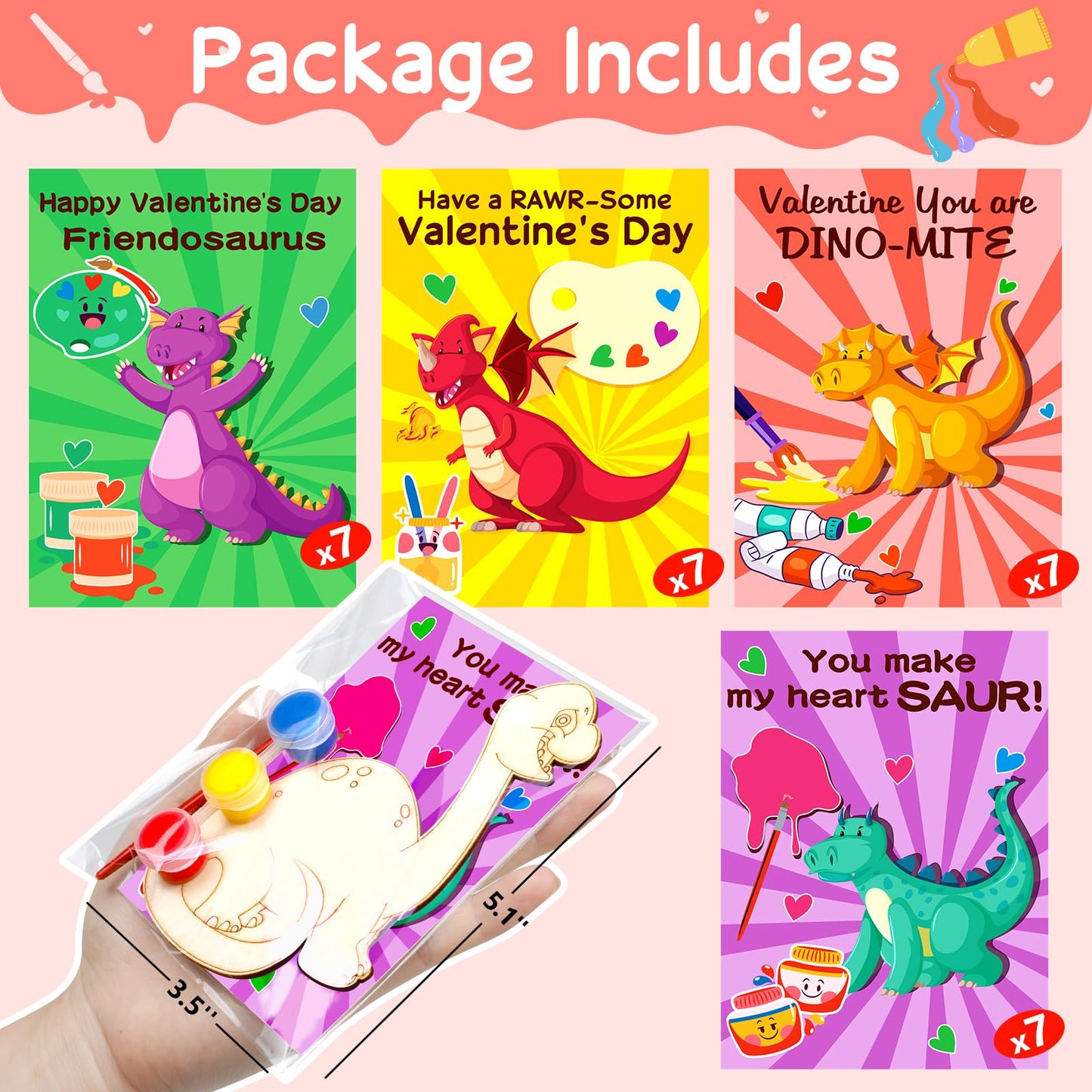 Ximoeo 26 Sets of Dinosaur Wood Paint Crafts Set Valentine's Day Gifts for Kids with Valentine's Day Card School Classroom Valentine Gifts Boy Girl Exchange Party Favors Goodie Bags for Kids