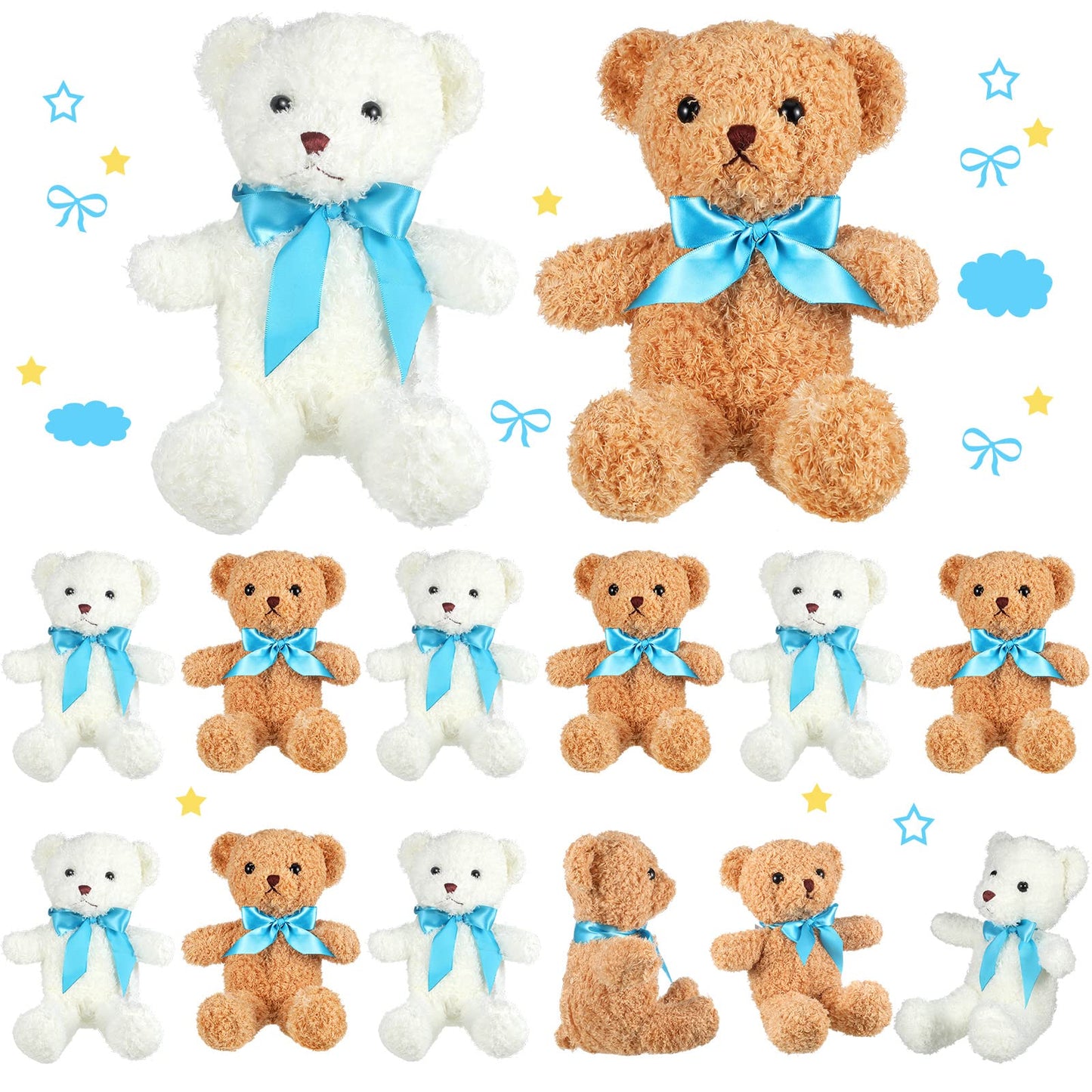 Kathfly 12 Pcs Valentine‘s Day Mini Stuffed Bears Bulk 10 Inch Small Plush Bears Bulk Cute Animal with Ribbon Bow Toy Gift for Birthday Wedding Party Valentine‘s Day Brown White(Blue)