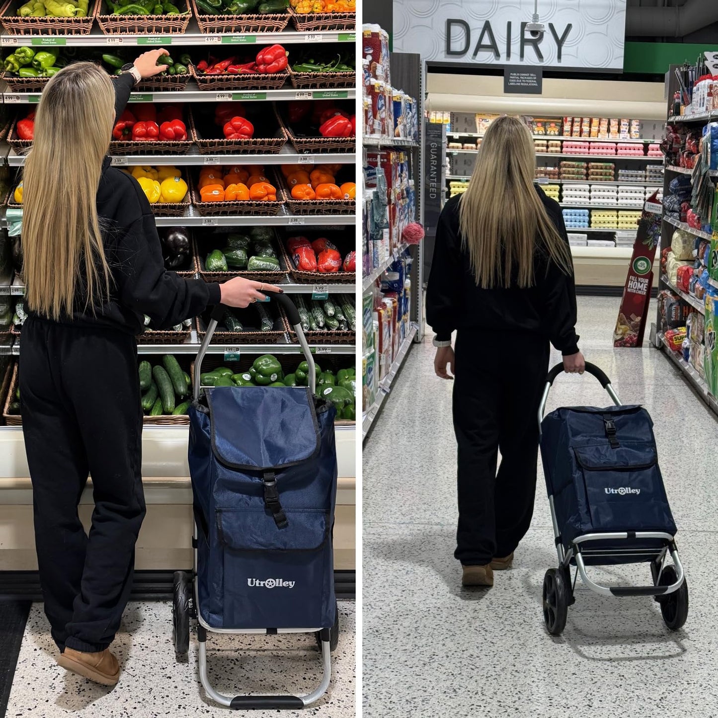 UTROLLEY Ultra-Lightweight Blue Foldable Shopping Cart for Groceries Large 42L Capacity Rubber Wheels, Removable Insulated Bag Liner, Durable Aluminum Frame, Multi-Function Personal Hand Truck