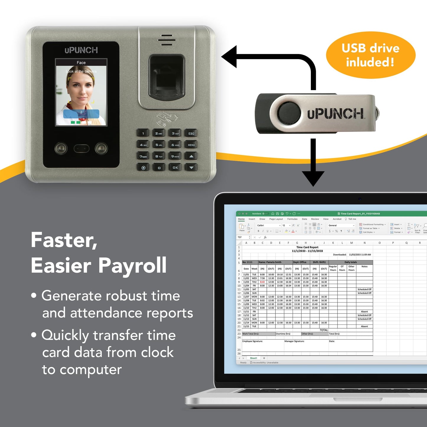 uPunch MK3000 Face Recognition Digital Time Clock for Employees | Small Business Time Tracking System with Keypad, and RFID Options (No Monthly Fee)
