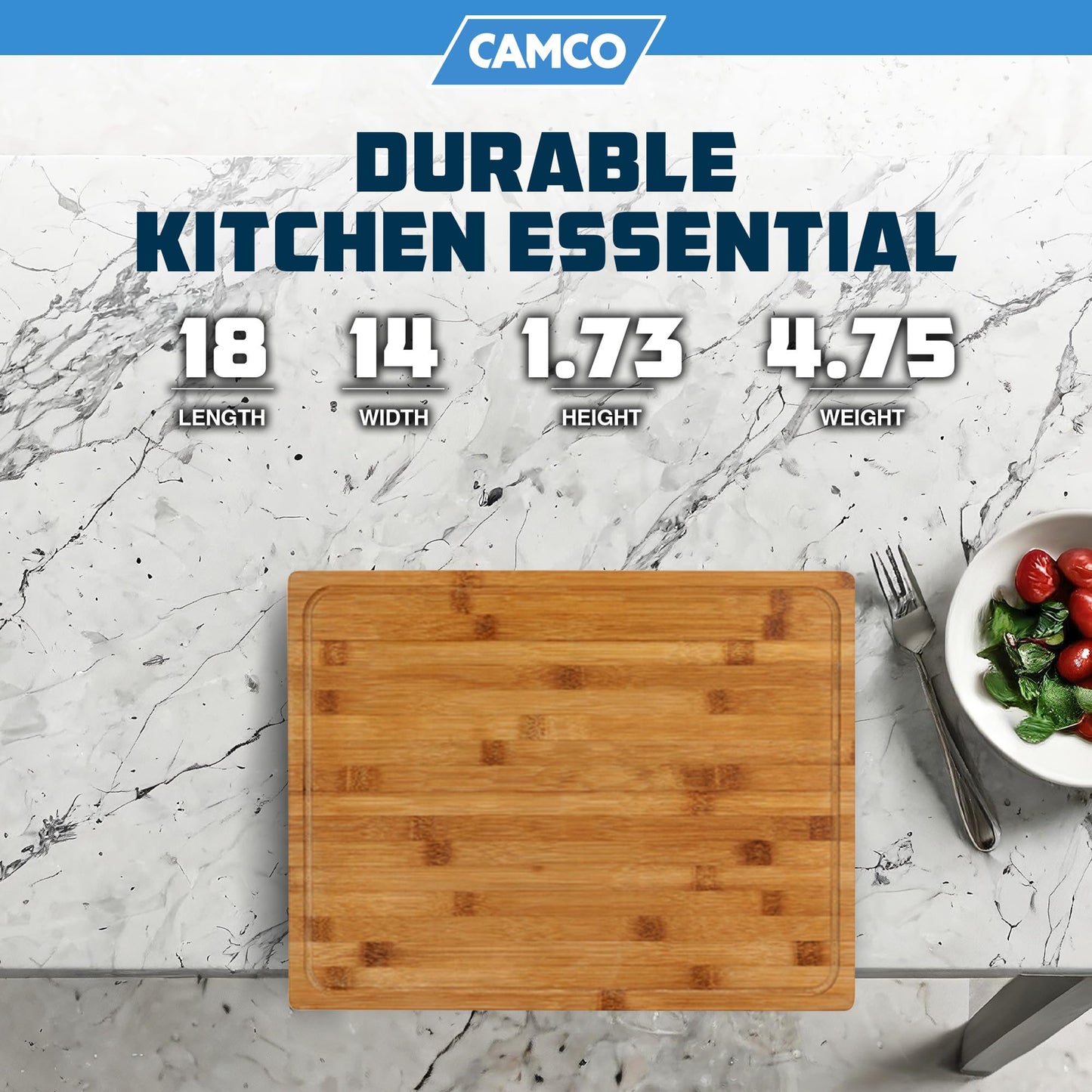 Camco Bamboo Cutting Board with Counter Edge | Perfect for Vegetables, Fruits, Meats, and Cheeses | Measures 18-inches x 14-inches x 1-3/4-inches (43545), Brown