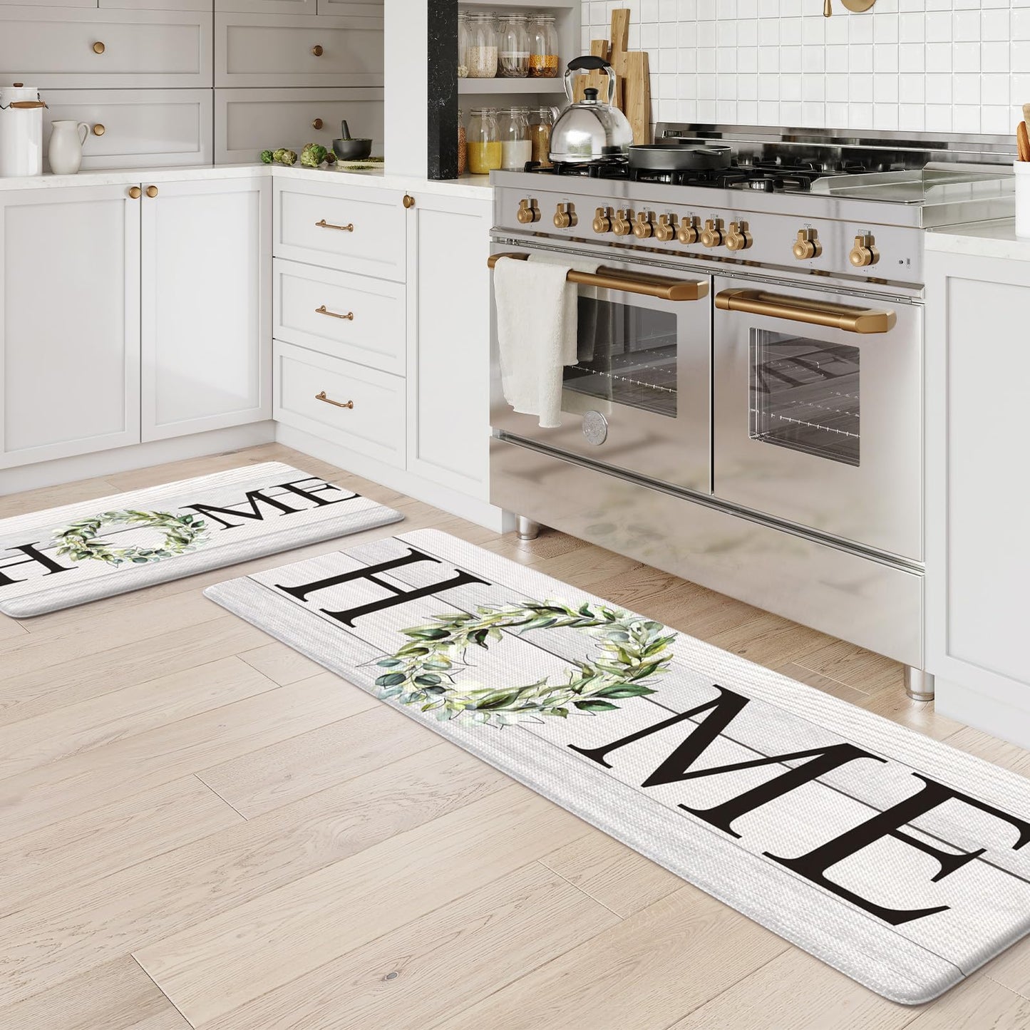 KIMODE Anti Fatigue Kitchen Rugs Sets of 2, Non Slip Waterproof Kitchen Mat, Farmhouse Kitchen Runner Rug, Ergonomic Standing Kitchen Mats for Floor 2 Piece, 20" x 59" + 20" x 32", White