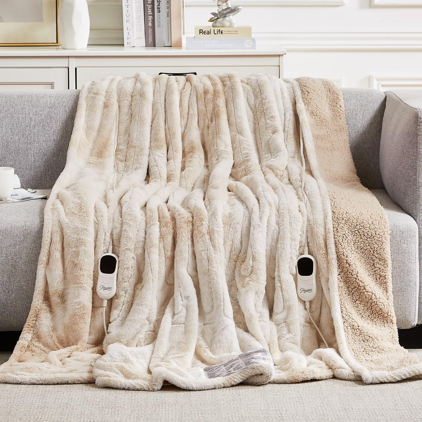 Homemate Electric Heated Blanket Queen Size - 84"x90" Heating Blanket Queen Size Dual Control 1/2/4/6/8 Hours Auto-Off 10 Heat Level Over-Heat Protection Luxury Faux Fur Sherpa ETL Certification