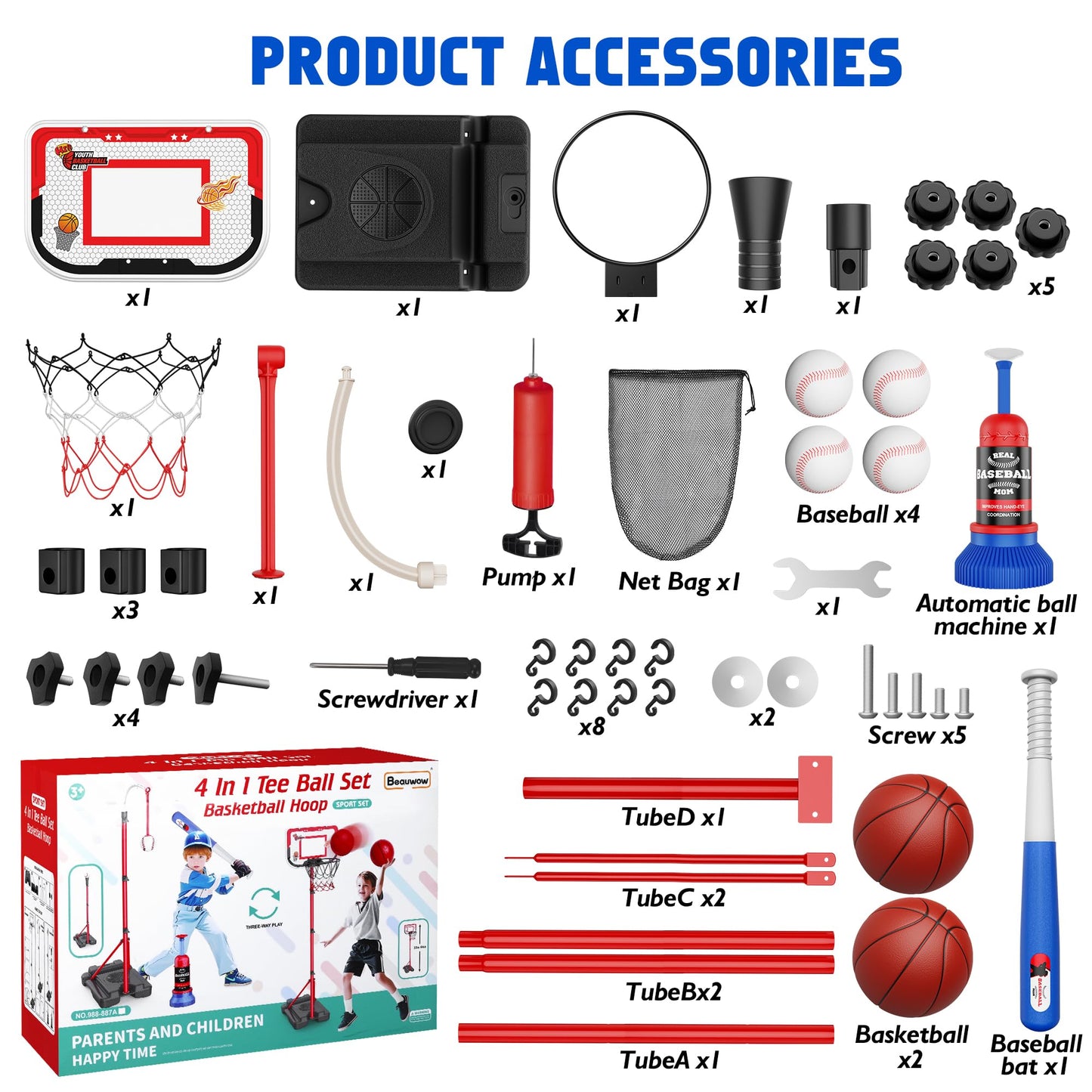 Kids Basketball Hoop Set 4 in 1 and T-Ball Adjustable T-Ball Stand with Automatic Throwing Machine Sports Toys Indoor Outdoor Gifts