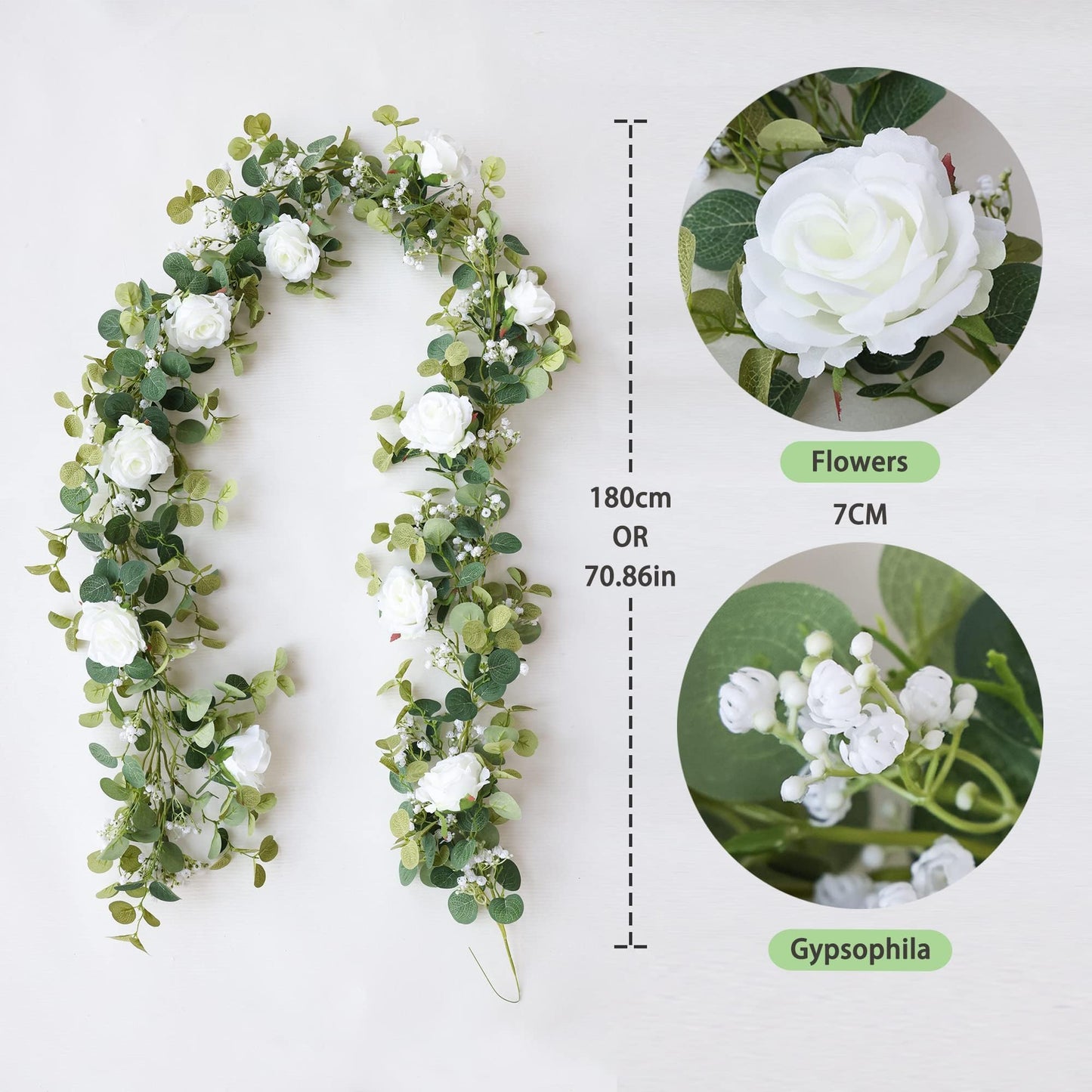 Anna's Whimsy 2PCS 5.91FT Artificial Eucalyptus Garland with Flowers, Fake Rose Gypsophila Garland, Faux Floral Greenery Garlands for Wedding Spring Home Party Table Runner Decor（White）