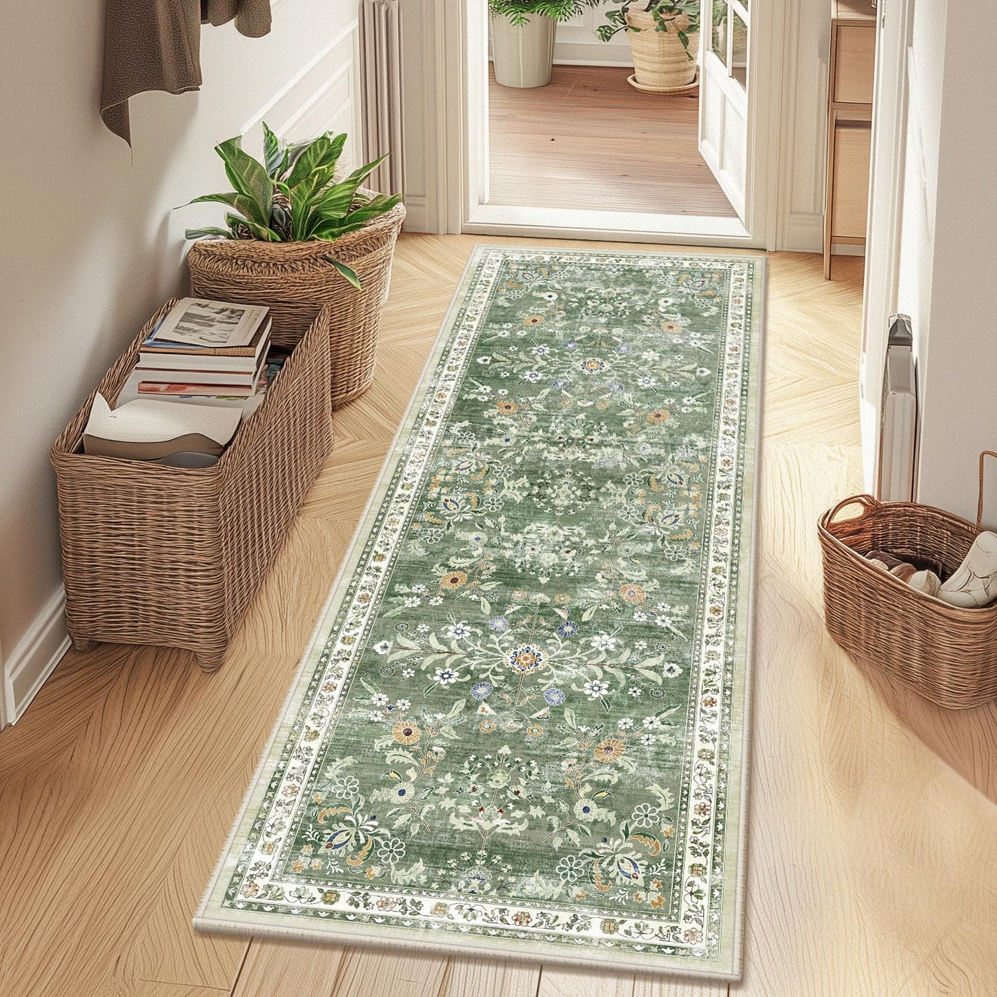 Yamaziot Washable Runner Rug 2x12 – Floral Non Slip Boho Hallway Runner Rug with Rubber Backing, Low Pile Faux Wool Distressed Carpet for Kitchen, Laundry, Bedroom, Entrance, Green