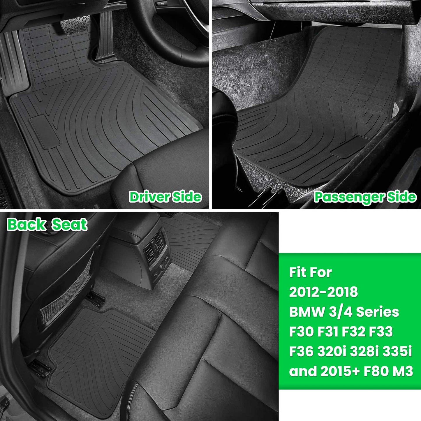 Floor Mat for BMW 3/4 Series F30 F31 F32 F33 F36 320i 328i 335i 2012-2018 & 2015+ F80 M3 Heavy Duty Rubber Front+Rear Car Liner Carpet All Weather Custom Fit Waterproof Odorless (Black 4PCS)