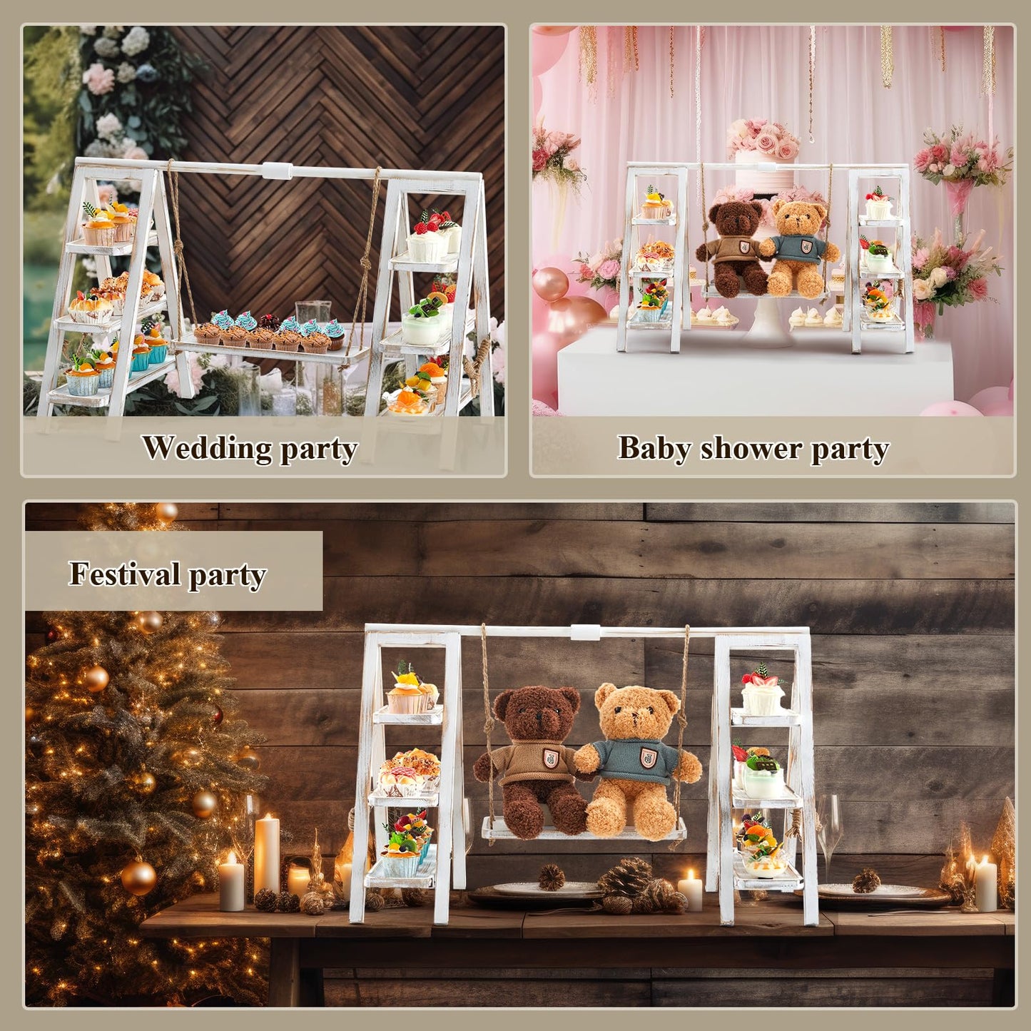 Wooden 3 Tier Swing Cupcake Stand with Serving Platter 20x30 Foldable Ladder Stand Dessert Display Cake Snack Fruit Bread Centerpieces for Party, Birthday, Wedding, Baby Shower(Rustic White)