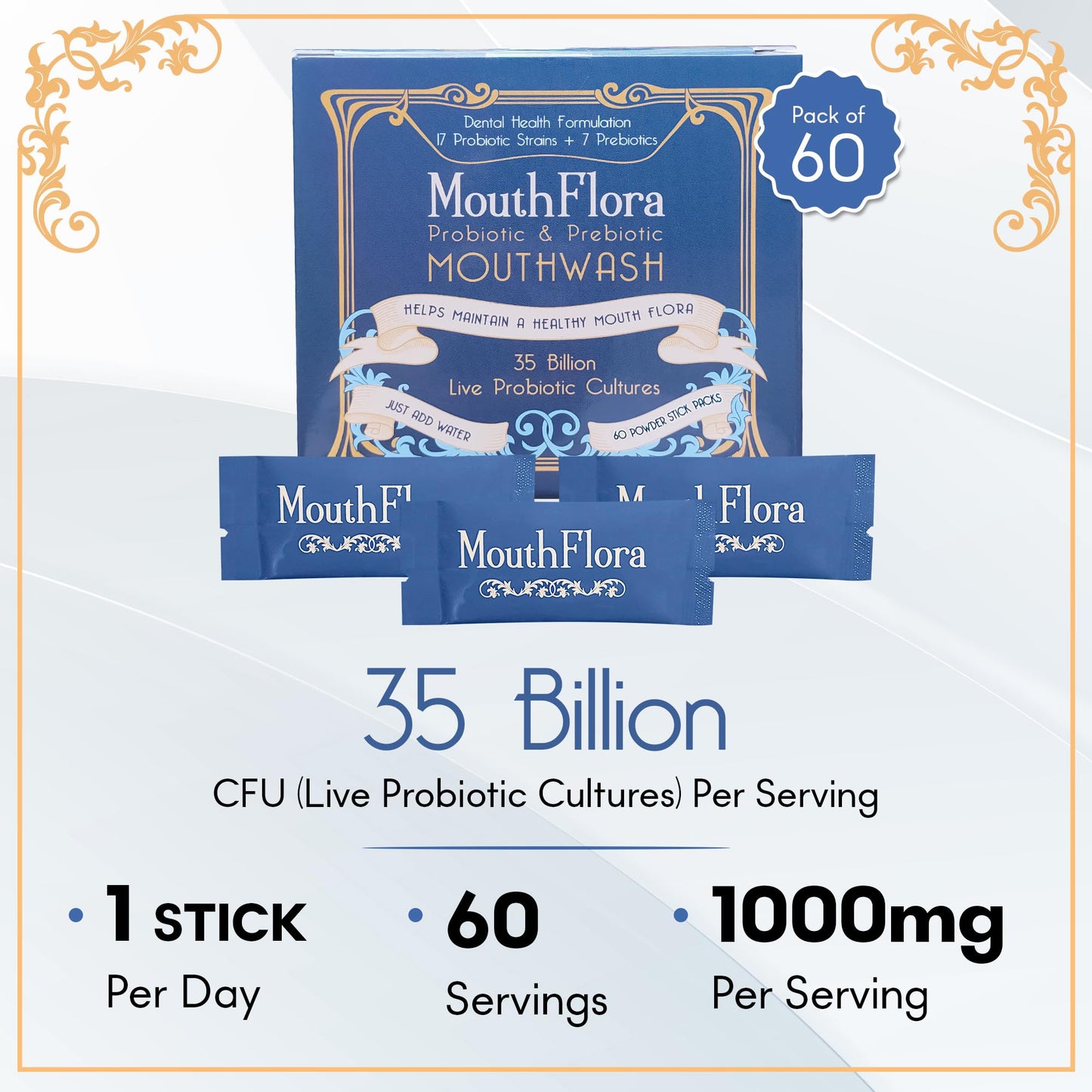 MouthFlora - Probiotic & Prebiotic Mouthwash | Dental Health Formulation | 17 Probiotic Strains + 7 Prebiotics | 35 Billion CFUs | Concentrated Powder Formulation | 60 Pack