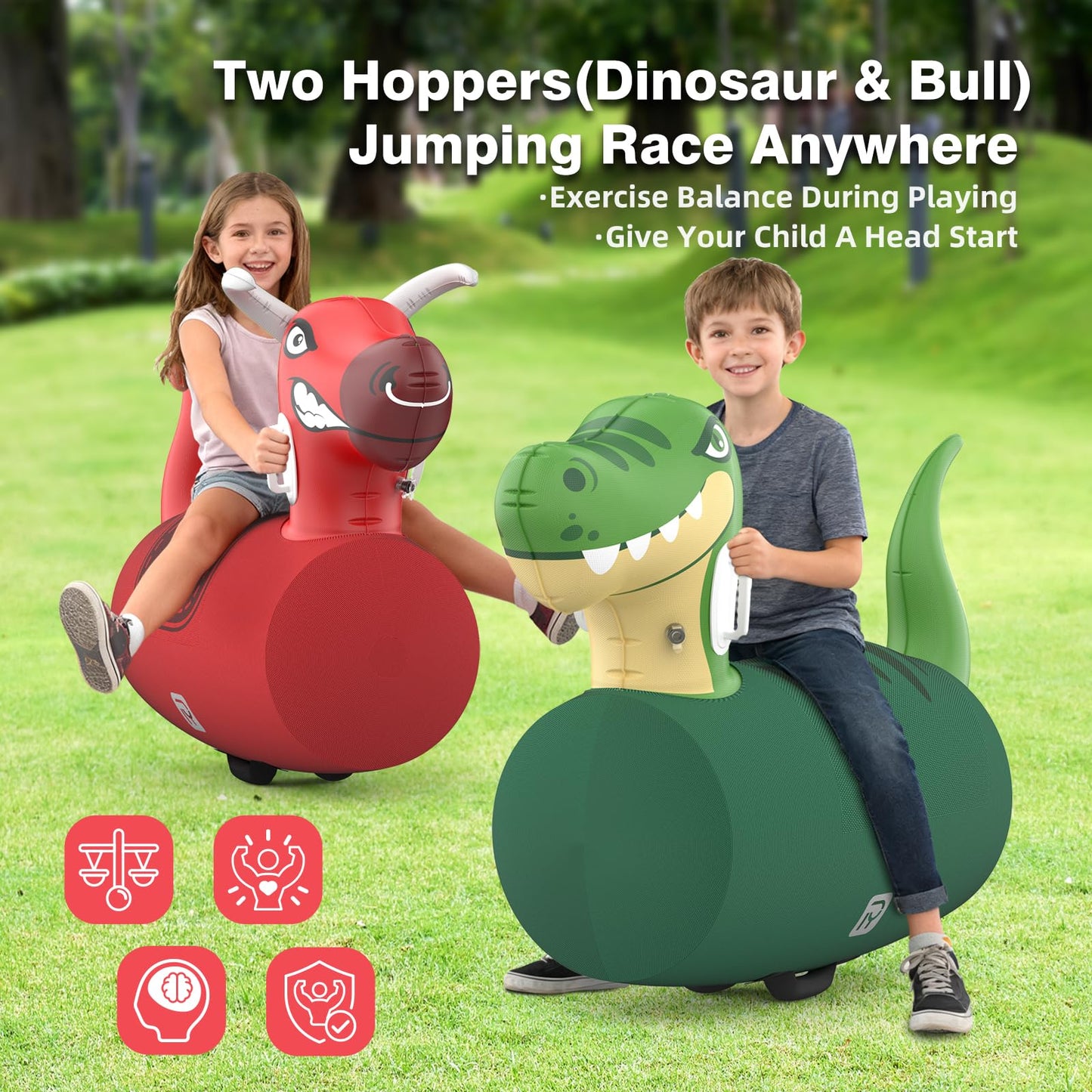 POVRYE 2 PCS Inflatable Bouncy Dinosaur Bull Hopper Toys with Pump, Giant Ride on Jumping Animals Outdoor Play Toys, 220 lbs Capacity, Indoor Bouncers for Kids Ages 5+, Fun Gift for Boys Girls