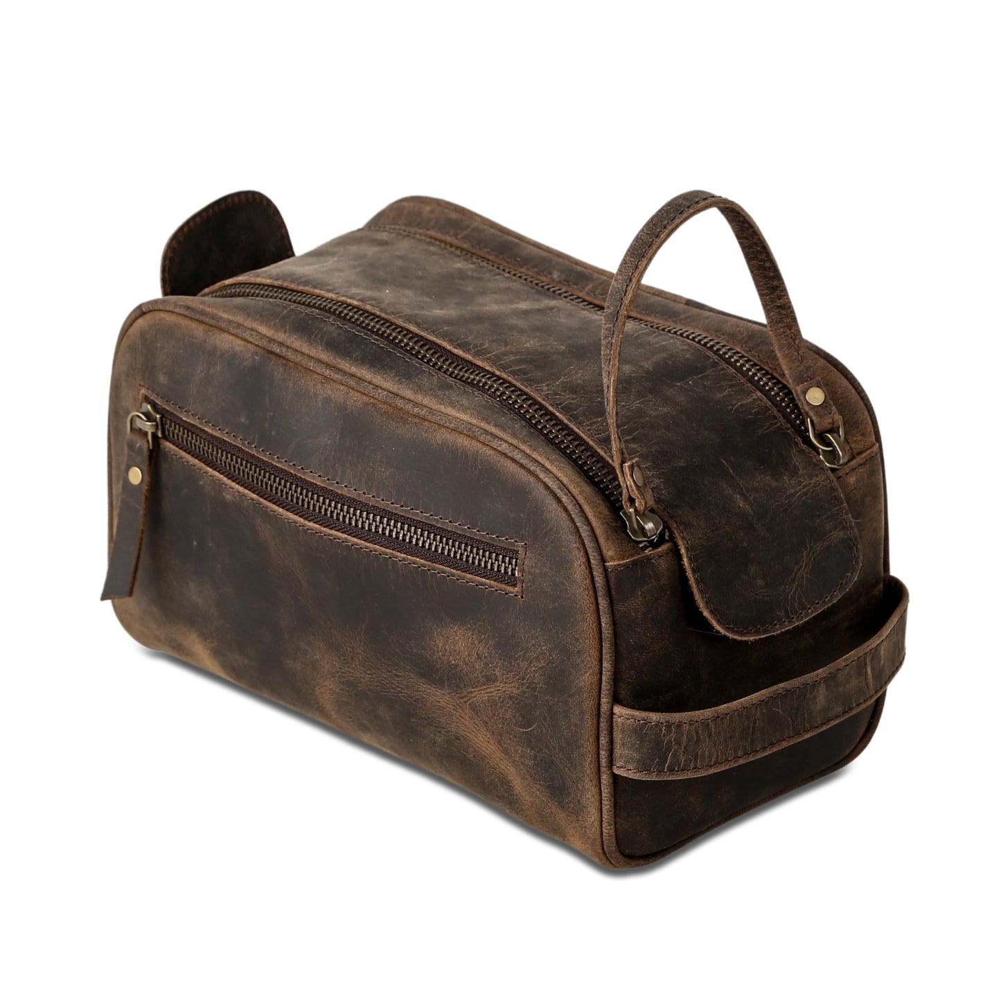 Premium Buffalo Leather Dopp Kit Toiletry Bag – Rustic Vintage Style Travel Organizer with Zipper Closure – Leather Shaving Bag for Men & Women and Spacious with Easy Carry Handle