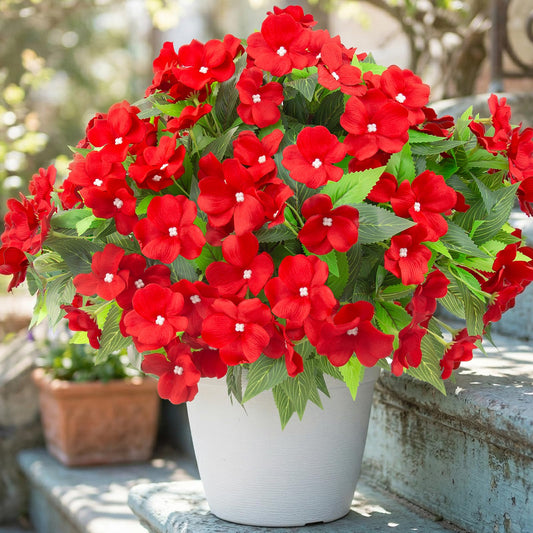 Daynight 8 Pcs Artificial Impatiens Flowers for Outdoor Flowers UV Resistant Faux Red Flowers Impatiens Bushes Silk Artificial Flowers Bouquet for Patio Garden Porch Decor. (8, Red)