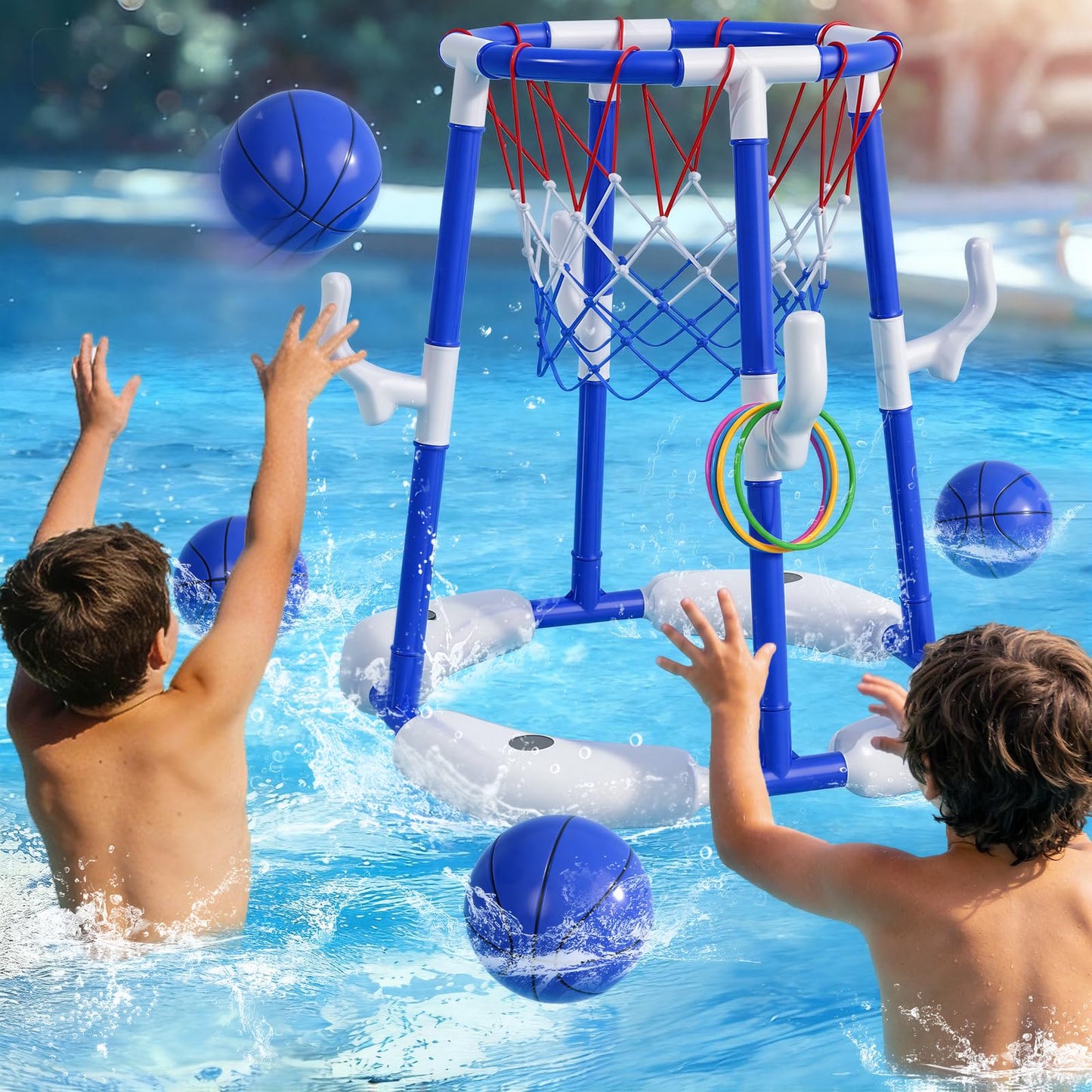 BLmukce Pool Basketball Hoop for Kids 4-8 & 8-12 Years Old - 2-in-1 Floating & Above Ground Water Game with 4 Balls, 12 Rings & Pump, Outdoor Play Swimming Pool Toy for Adult Summer Party (Blue)