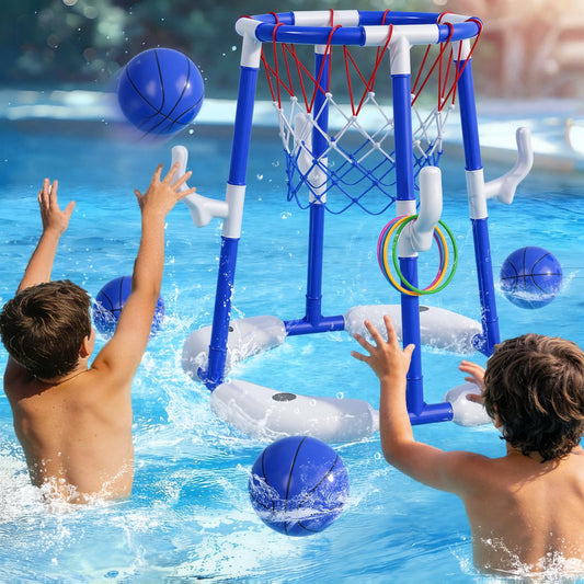 BLmukce Pool Basketball Hoop for Kids 4-8 & 8-12 Years Old - 2-in-1 Floating & Above Ground Water Game with 4 Balls, 12 Rings & Pump, Outdoor Play Swimming Pool Toy for Adult Summer Party (Blue)