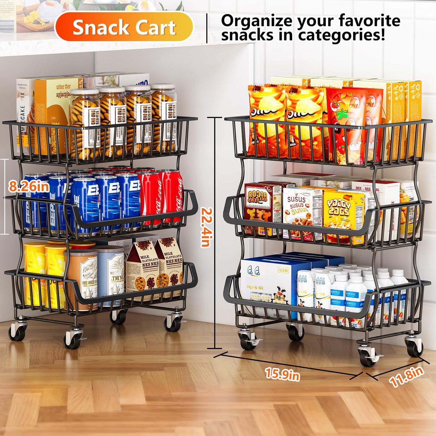 Gsiekare 3-Tier Rolling Pantry Organizer and Storage Cart with Wheels – Stackable Wire Snack Cart for Kitchen, Pantry Shelves and Storage Rack for Fruit, Vegetables, Onion, Potato (1 Pack)