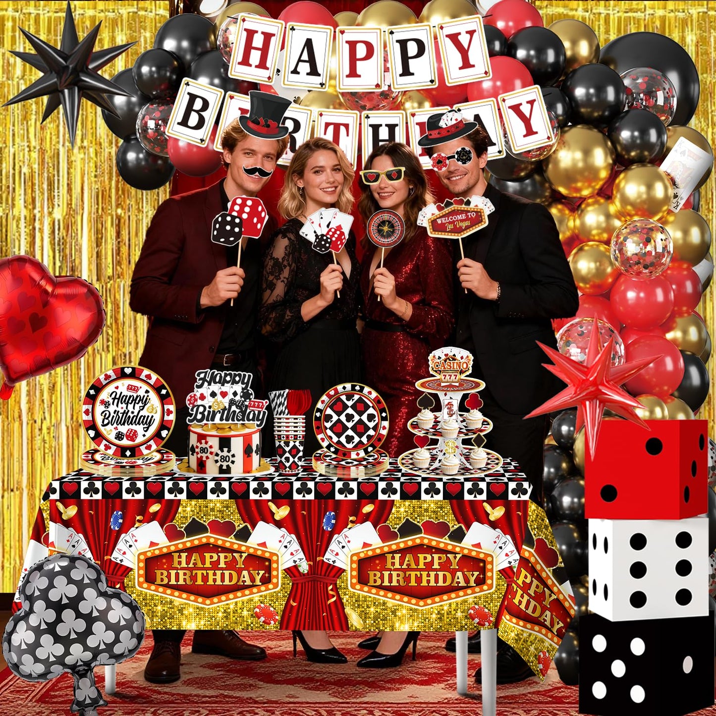 337Pcs Vegas Themed Party Decorations Serves 25, Casino Theme Party Supplies with Banner, Dice Boxes, Cupcake Stand, Photo Booth Props and Balloons for Poker Party Decorations and Game Night
