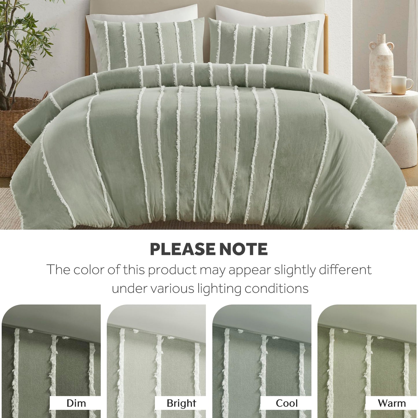 INK+IVY King Duvet Cover Set Boho Duvet Covers Stripes, Clipped Jacquard, Cotton Duvet Cover for King Size Bed, All Season Lightweight King Bedding Cover & Shams, Shay, King/Cal King, Sage 3 Piece