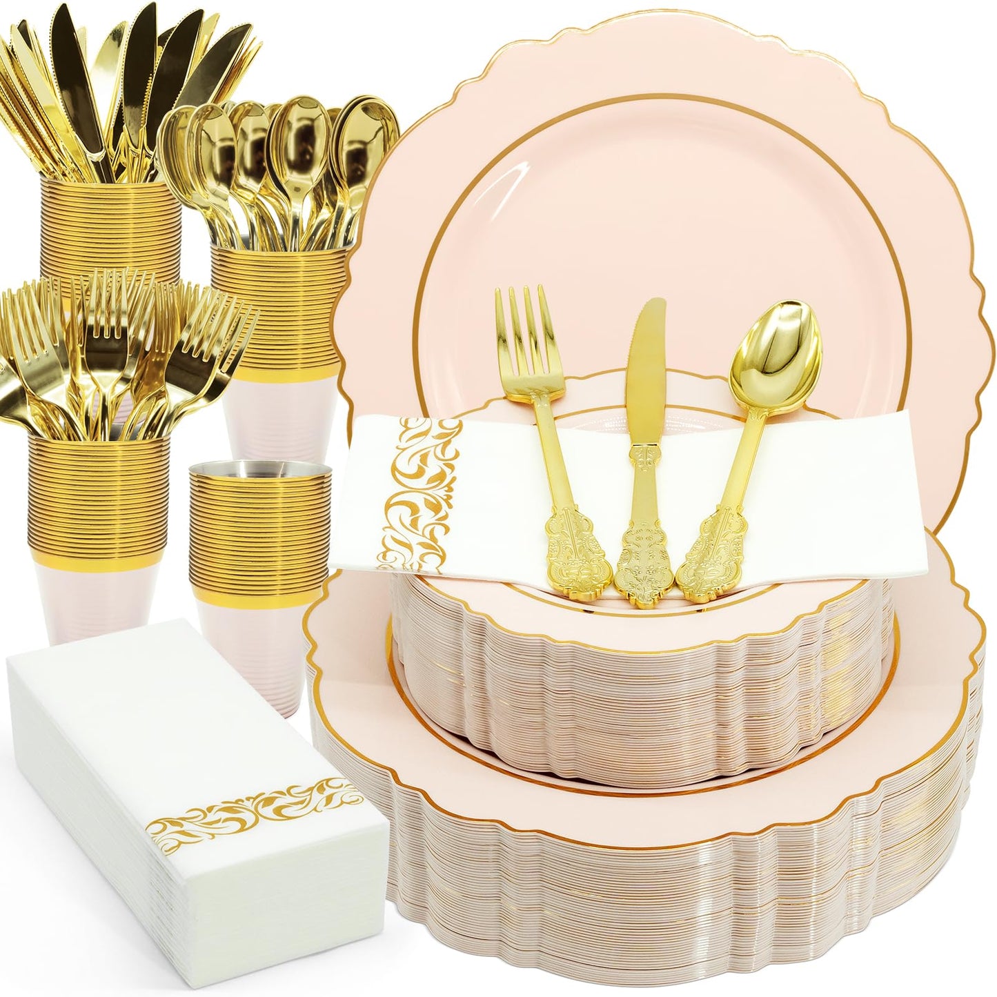 AIRE 175PCS Pink Gold Plastic Plates for Party, Dinnerware Sets for 25 Guests, Disposable Plastic Party Supplies Plates Cups Spoons Forks Knives Napkins for Wedding Birthday Baby Shower BBQ Parties