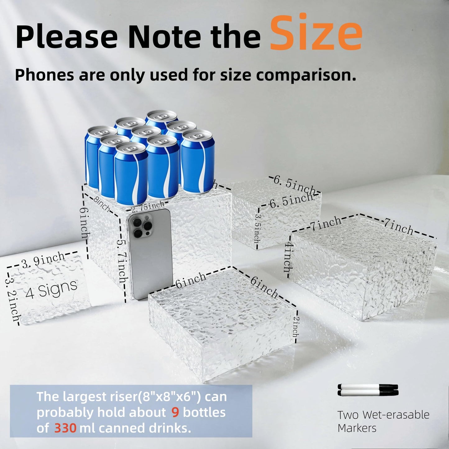 8PCS Buffet Risers Display Stands with 8PCS Mini Signs,Acrylic Cube Display Risers with Hollow Bottom, 2Sets (6, 6.5, 7, 8)" (Transparent, 2 Sets ( 6'',6.5'',7'',8'' ))