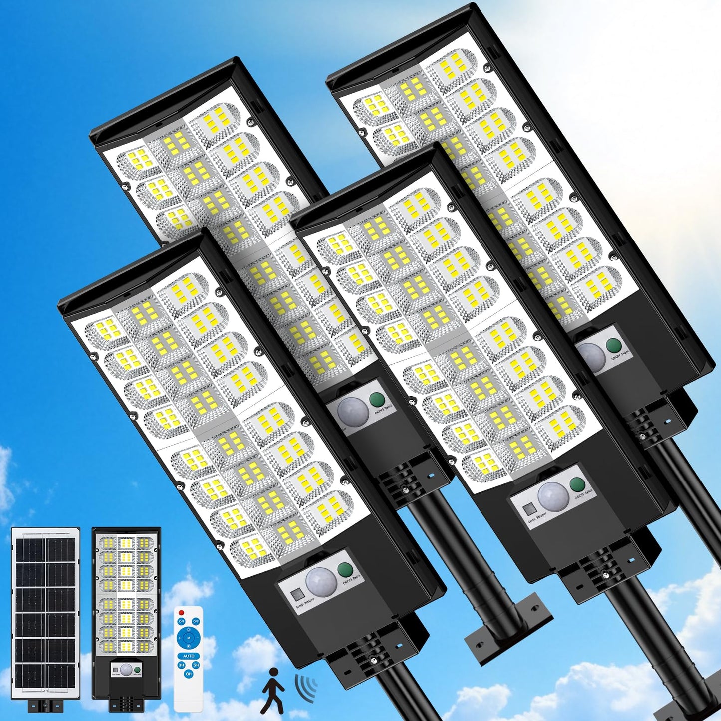 4-Pack Solar Street Lights Outdoor, 20000LM Waterproof LED Solar Flood Lights with Motion Sensor, 6500K Dusk to Dawn Solar-Powered Light Remote Control for Outside, Security Lights for Yard Driveway