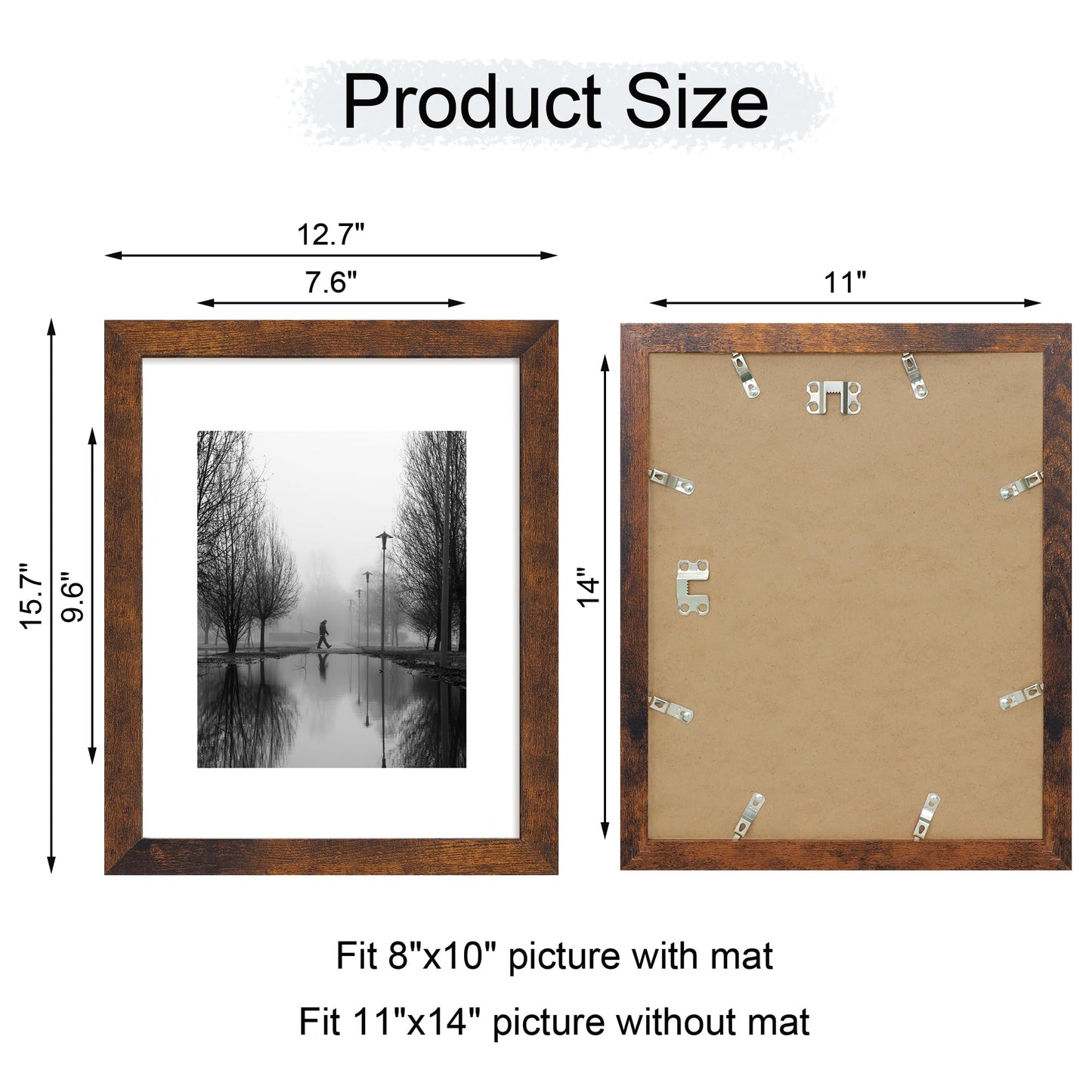 iRahmen 11x14 Picture Frame Set of 4 with Tempered Glass, Rustic Frame Display 8x10 Pictures with Mat or 11 x 14 Without Mat, Wooden Photo Frames for Wall Mounting