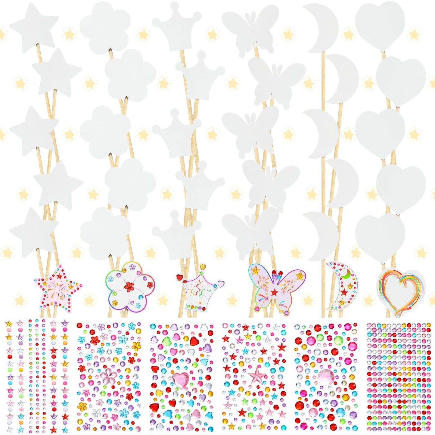 Cindeer 42 Pcs Princess Fairy Wands Kit, 36 Pcs Wooden Unfinished DIY Princess Wand with 6 Sheet Colorful Diamond Sticker for Girls Make Your Own Wand, Cosplay Costume Party Favor (White)