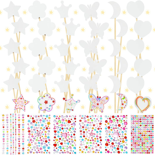Cindeer 42 Pcs Princess Fairy Wands Kit, 36 Pcs Wooden Unfinished DIY Princess Wand with 6 Sheet Colorful Diamond Sticker for Girls Make Your Own Wand, Cosplay Costume Party Favor (White)