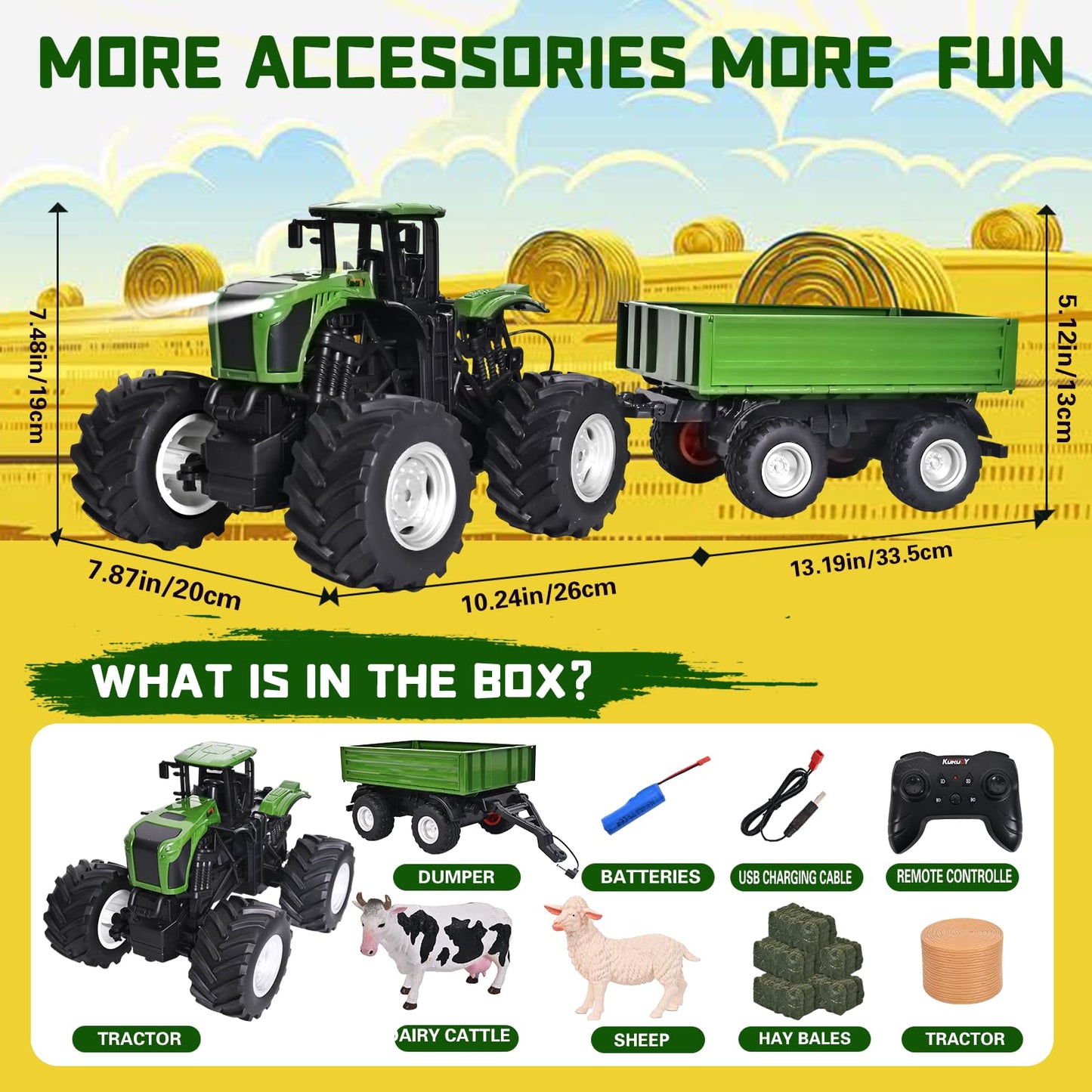 Peagprav Remote Control Tractor Toy with RC Trailer -23.6 Inches 1/16 Scale RC Monster Truck- 2.4GHz Toddlers Farm Vehicle Toys Set for Boys Girls Kids Ages 3-8 Year Old Birthday Gift