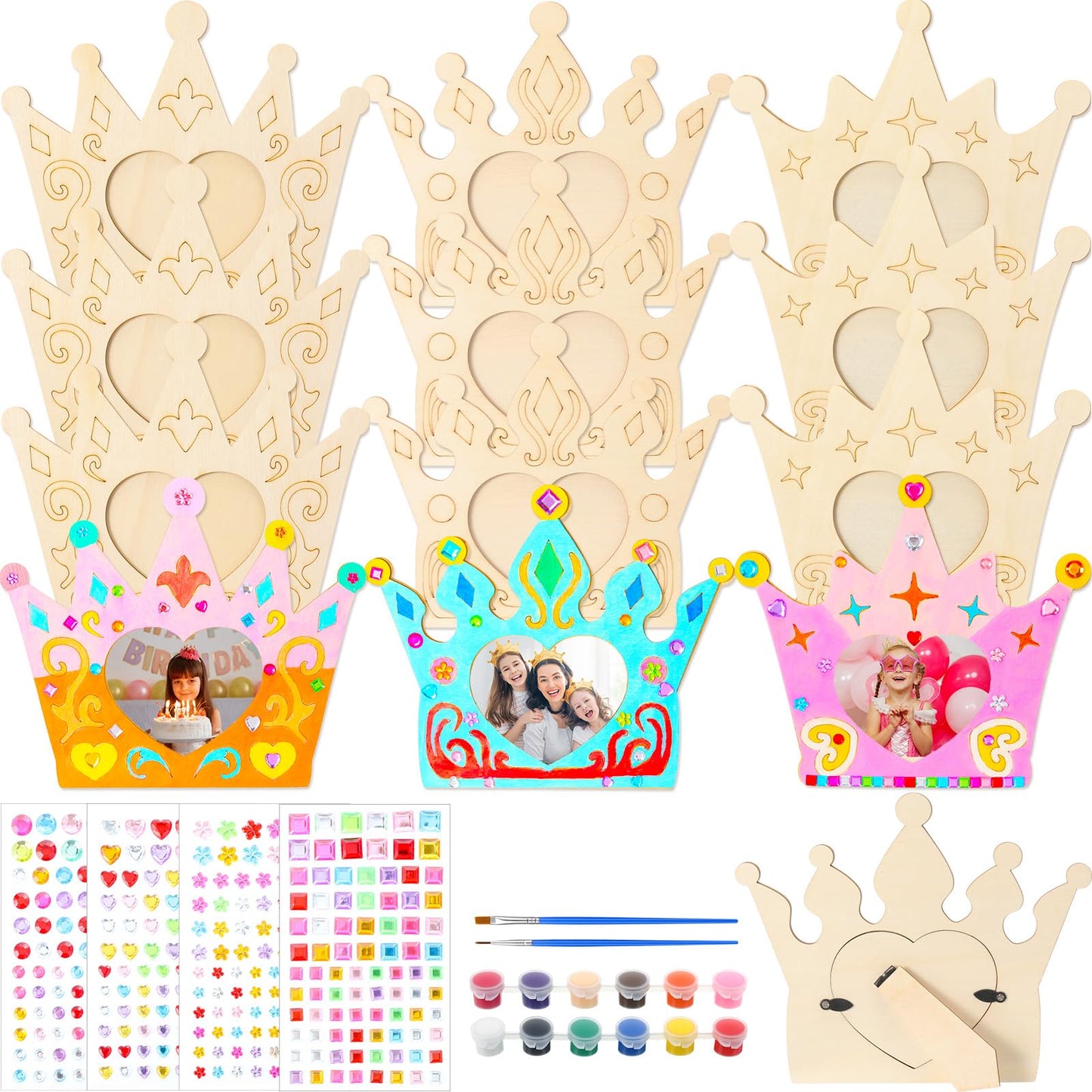Blueweenly 12 Pcs DIY Picture Frame Painting Craft Kits for Kids Wooden Crown Princess Party Favors Paint and DIY Your Own Frame with 88 Cell Rhinestone Stickers 12 Color Paint Girl Birthday(Heart)