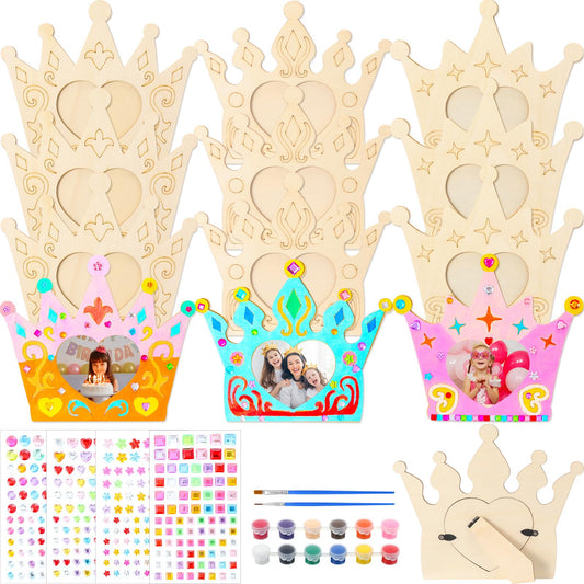 Blueweenly 12 Pcs DIY Picture Frame Painting Craft Kits for Kids Wooden Crown Princess Party Favors Paint and DIY Your Own Frame with 88 Cell Rhinestone Stickers 12 Color Paint Girl Birthday(Heart)