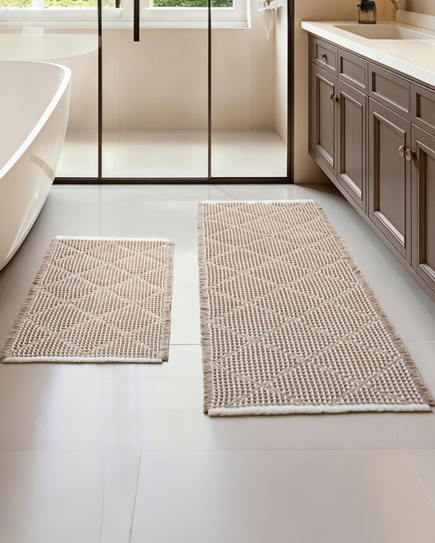 Furicher Waffle Bath Mat Set, Non Slip Bathroom Rugs Sets 2 Piece, Ultra Absorbent Long Bath Rug Runner for Bathroom Boho Chic Decor, Machine Washable Floor Mats, Brown & White, 20"×47" Plus 18"×30"