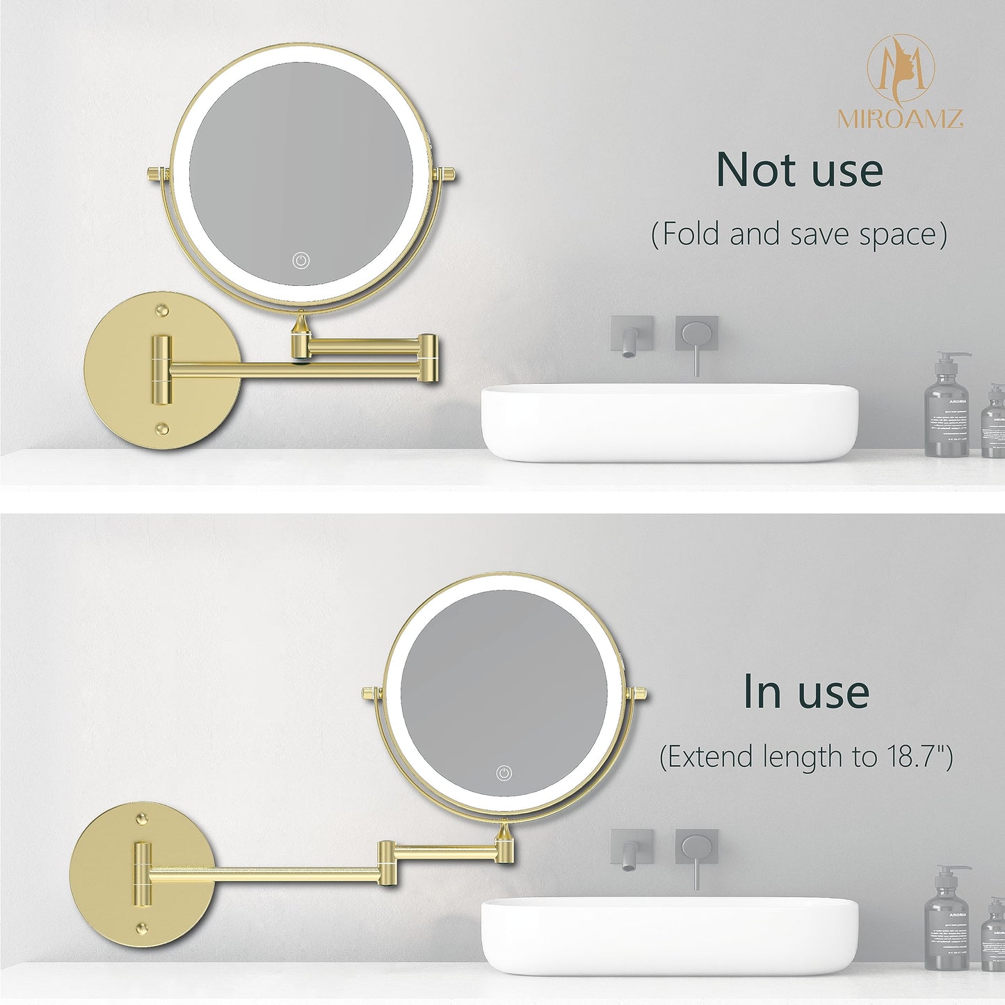 MIROAMZ Rechargeable Wall Mounted Lighted Makeup Vanity Mirror 8 Inch Double Sided 1X 10X Magnifying Bathroom Mirror, 3 Color Lighting, Touch Screen Dimming, 360 Rotation Shaving Mirror Gold