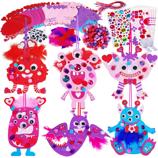 24 Sets Valentine's Day Monster Ornaments Decorations DIY Foam Monster Ornaments Craft Kit Assorted Foam Monster Cutouts with Hearts Feathers Pom-poms Googly Eyes for Kids Classroom Home Activities