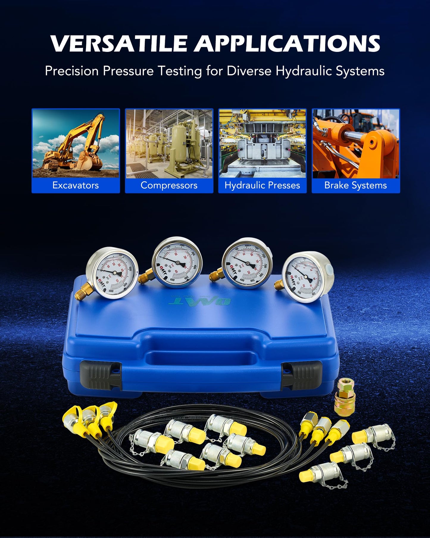 Orion Motor Tech Hydraulic Pressure Test Kit with 4 Gauges 1300 3500 5500 9000 psi, 9 Test Couplings, Quick Connector, & 3 Test Hoses, Hydraulic Gauge Kit for Excavator Construction Machinery