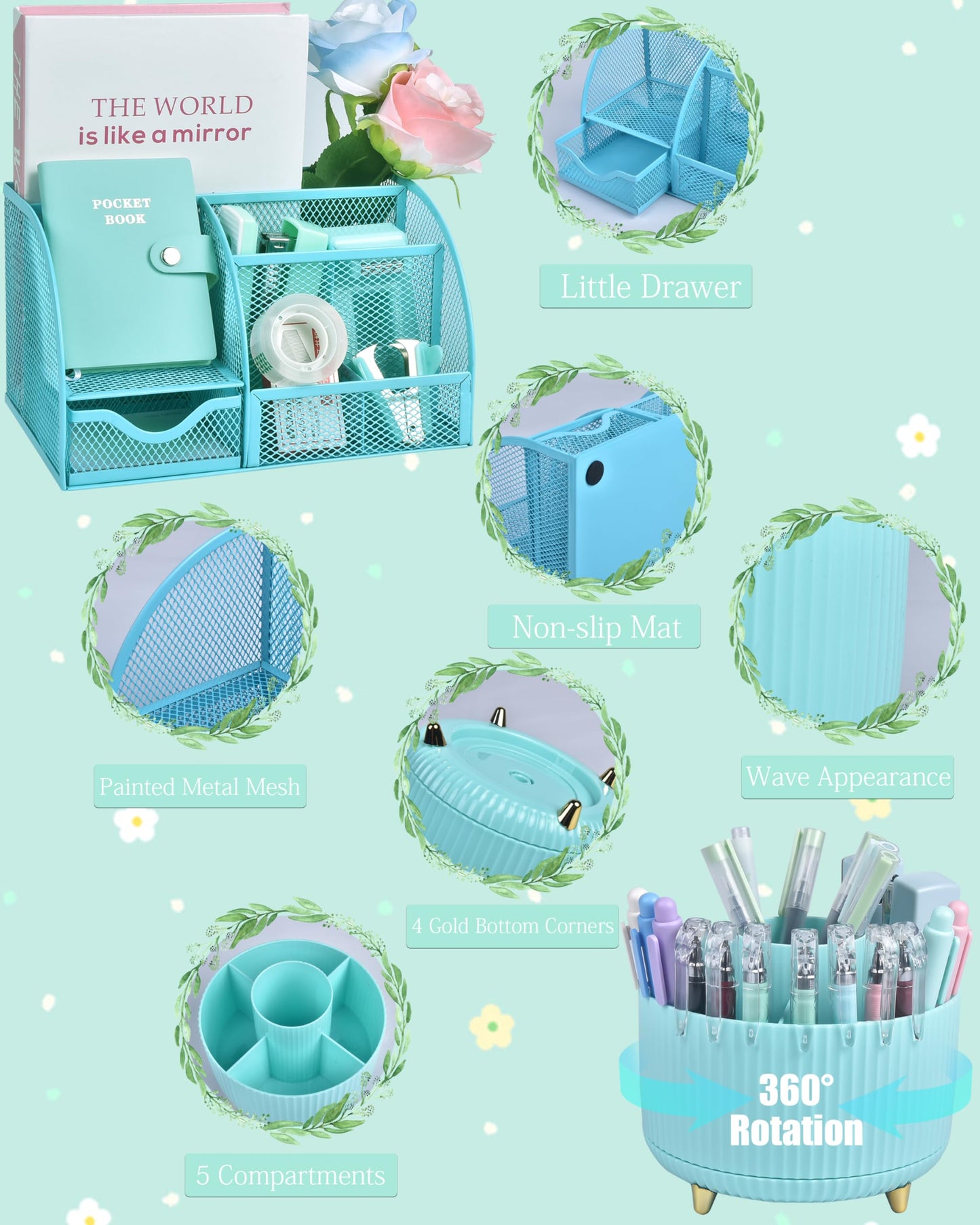 LXEVIHK 21Pcs Green and Blue Desk Organizers and Accessories With Mesh Desk Organizer and 360°Rotating Pen Holder and a Lot of Office Green Office Supplies Beautifully Presented in a Gift Box