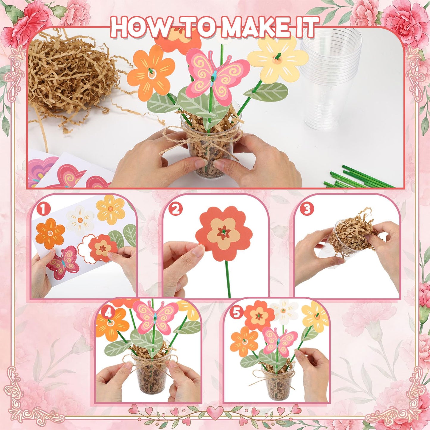 FoldTier 24 Sets Mother's Day Gifts Bulk DIY Flower Bouquet Craft Kit Includes 24 Die-Cut Flower Cards Clear Cups Wooden Stick Twine and Raffia DIY Handmade Gift for Home Mom Creative Activity