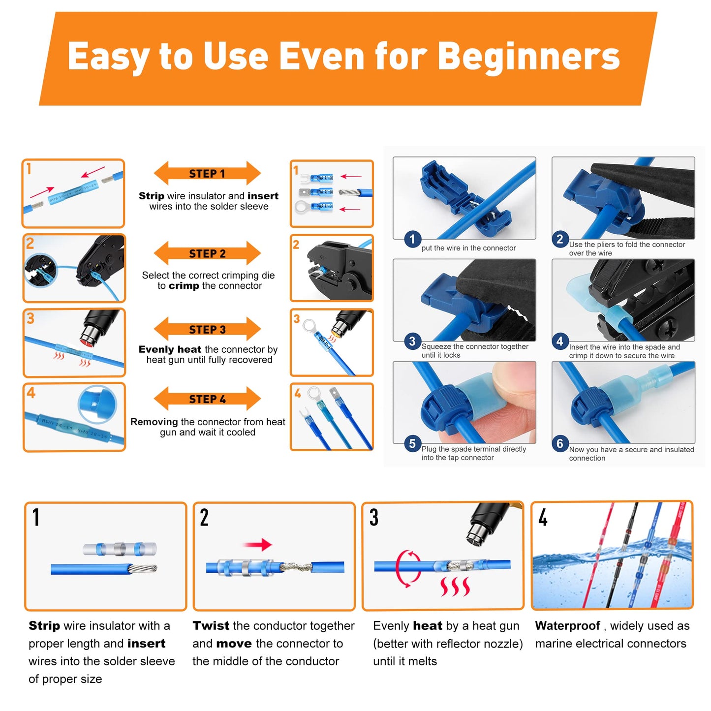 Kuject Ultimate Heat Shrink Wire Connectors, 1500PCS Waterproof Electrical Spade Connectors kit, Insulated Crimp Ring Fork Spade Terminal T-Tap Solder Butt Splice Connectors for Marine Boat Truck