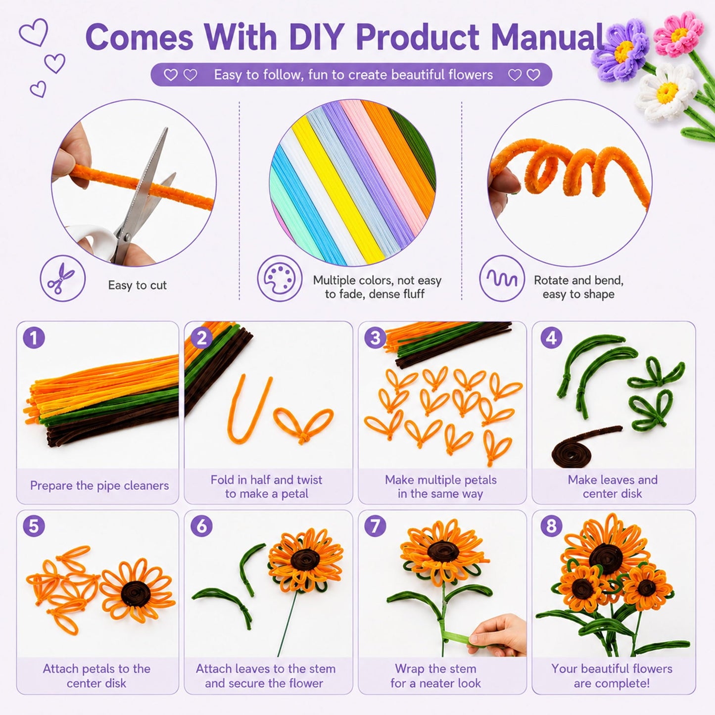 900pcs Pipe Cleaners Craft, Pipe Cleaner Bulk Flower Kit, 14 Colors Pipe Cleaners Bulk with Flower Stems, Stamens, Floral Tape & Ribbon for DIY Bouquets, Art and Craft Supplies