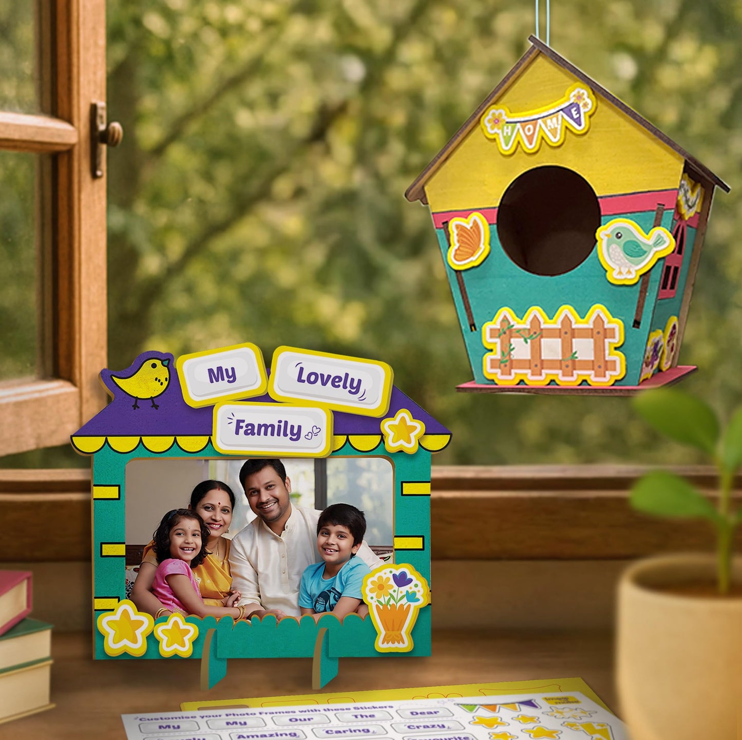 Imagimake DIY Wood Art Mega Pack | Build Wooden Bird House, 3 Photo Frames & Pen Stand | Wooden Painting Crafts for Kids | 100+ Foam Stickers for Wood Crafts |Boys & Girls Birthday Gifts Age 5,6,7,8,9