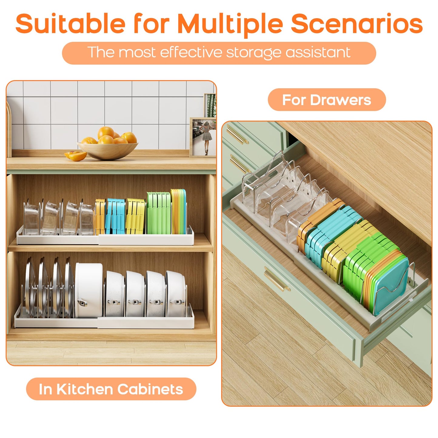 Nigelia 2 Pack Pots and Pans Organizer for Under Cabinet, 22" Expandable Food Storage Container Lid Organizers with 10 Adjustable Dividers Pot Lid Holders Rack Inside Cabinet&Kitchen Countertop(White)