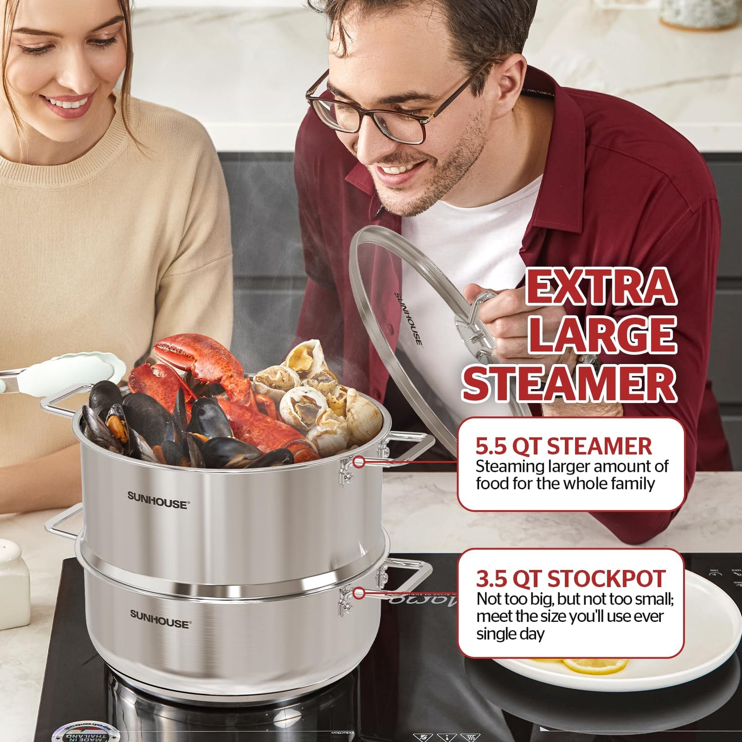 SUNHOUSE 2-Tier Stainless Steel Steamer Pot for Cooking - Large 5.5 QT Steamer Basket & 3.8 QT Stockpot - Tri-Ply Base Vegetable Steamer with Stay-Cool Silicone Handles and Lid - Induction Compatible