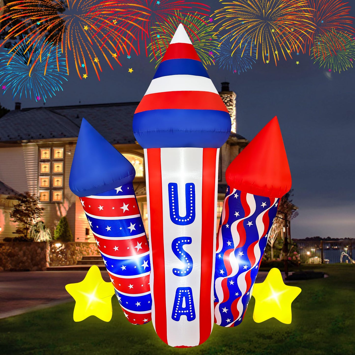 SEASONBLOW 5 Ft 4th of July Inflatables USA Rocket Decoration, LED Lighted Patriotic Independence Day Blow Up Firecracker Decor for Lawn Yard Garden Home Memorial Day 250th Anniversary