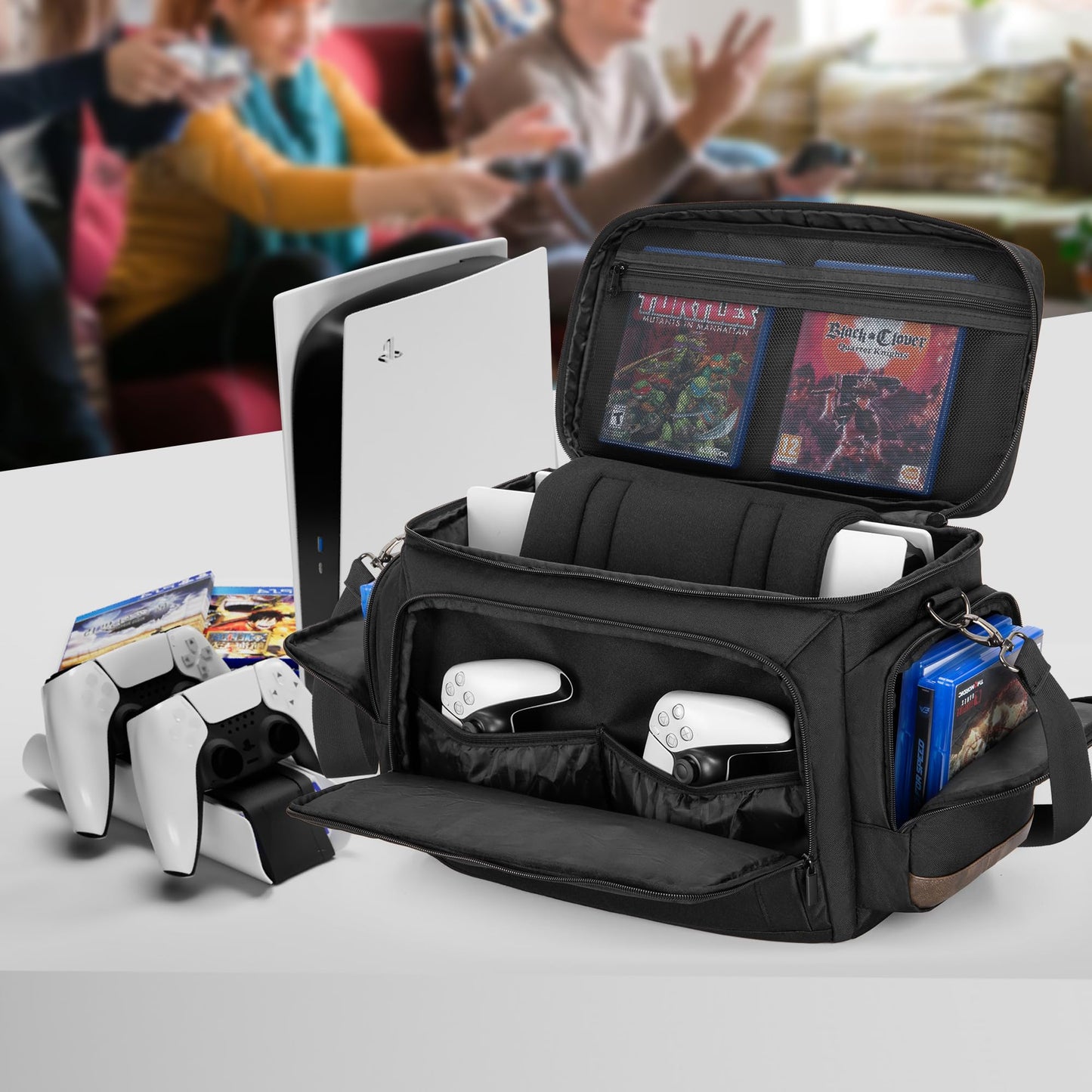 LoDrid Travel Carry Case Compatible with PS5/PS5 Slim/PS4/PS4 Pro/PS4 Slim/Xbox One/Xbox One X for Console and 15.6" Laptop, Protective Gaming Bag with Handle and Shoulder Strap, Black