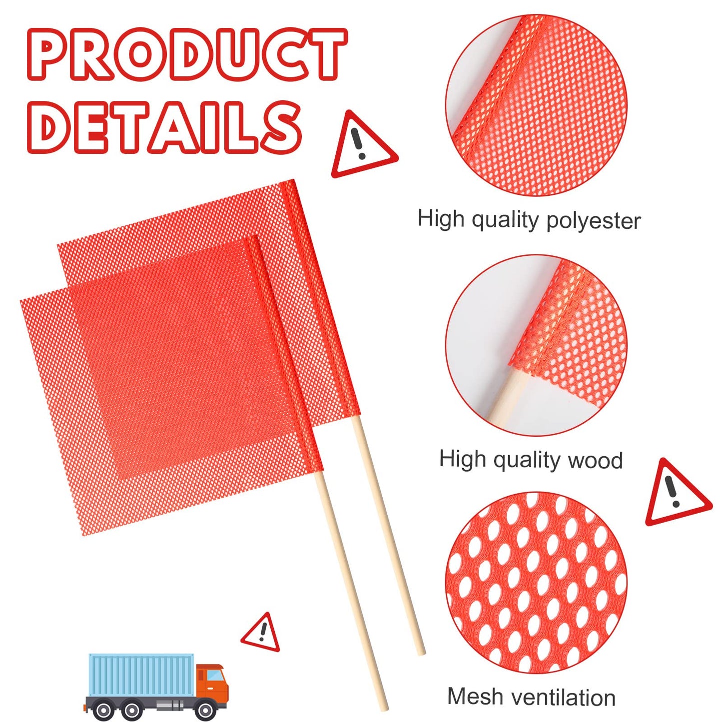 Jecery 12 Packs 18 x 18 Inch Safety Flag Warning Flags Mesh Oversize Load Flags Wide Load Signs with 35.4 Inch Wooden Dowel for Trucks Trailer and Pedestrian Crossings (Orange,Classic)