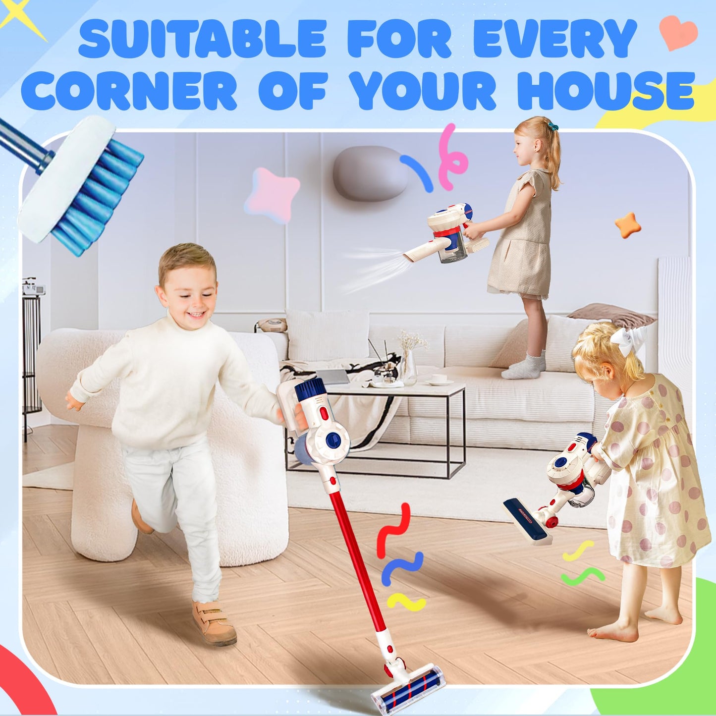 Kids Vacuum That Really Works, SMILESSKIDDO Kids Cleaning Toy Set - 3 in 1 Suction Design & Safe Material Toy Vacuum - Perfect Montessori Pretend Vacuum for Toddlers 3-8