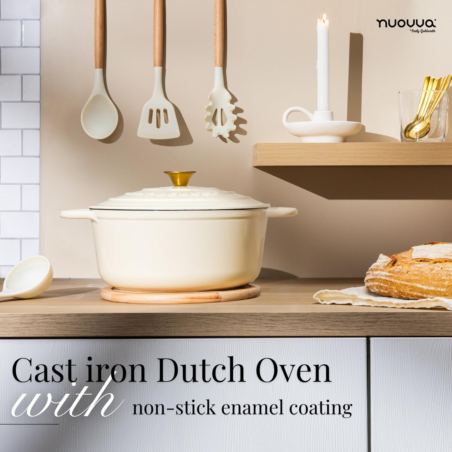 Nuovva Enamelled Cast Iron Dutch Oven Pot with Lid-6.4 Quart Non Stick Casserole Pot-Heavy Duty & Oven Safe up to 500° for Bread Baking, Braising, Stews, Roasting - 28cm Cream